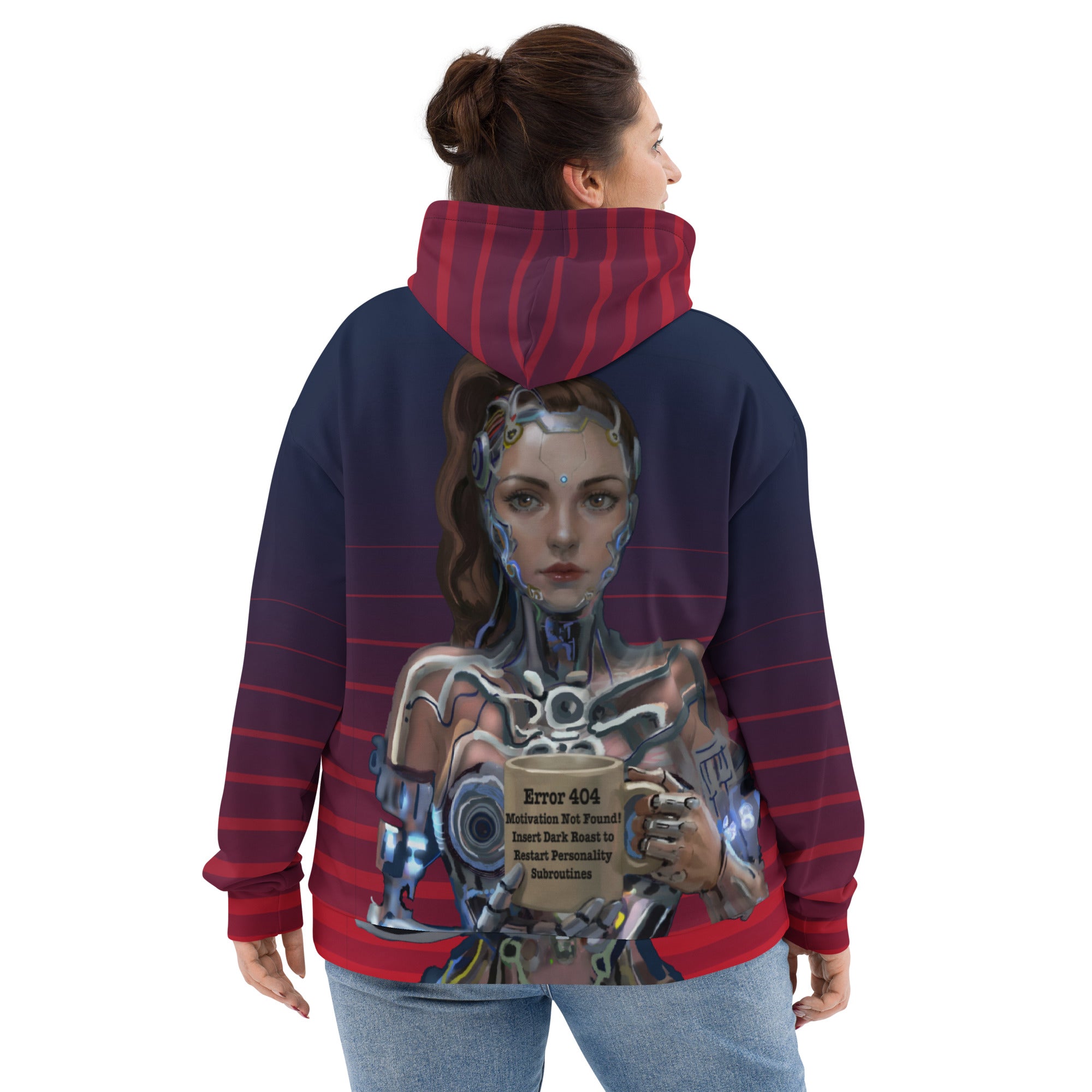 woman wearing stunning all-over print unisex hoodie features our hilarious Error 404 Cyborg Woman design with vibrant gradient stripes -gorgeous cyborg woman holding her coffee mug- back view