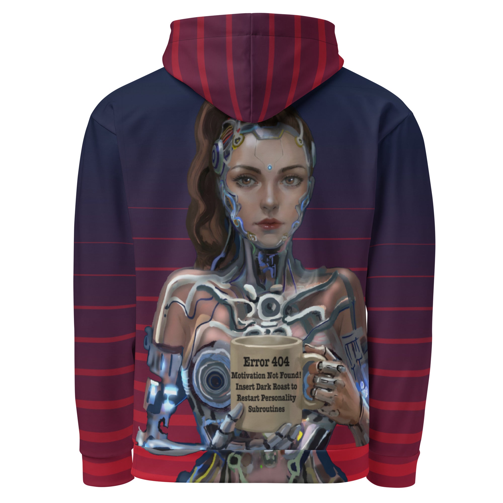 stunning all-over print unisex hoodie features our hilarious Error 404 Cyborg Woman design with vibrant gradient stripes -gorgeous cyborg woman holding her coffee mug- back view