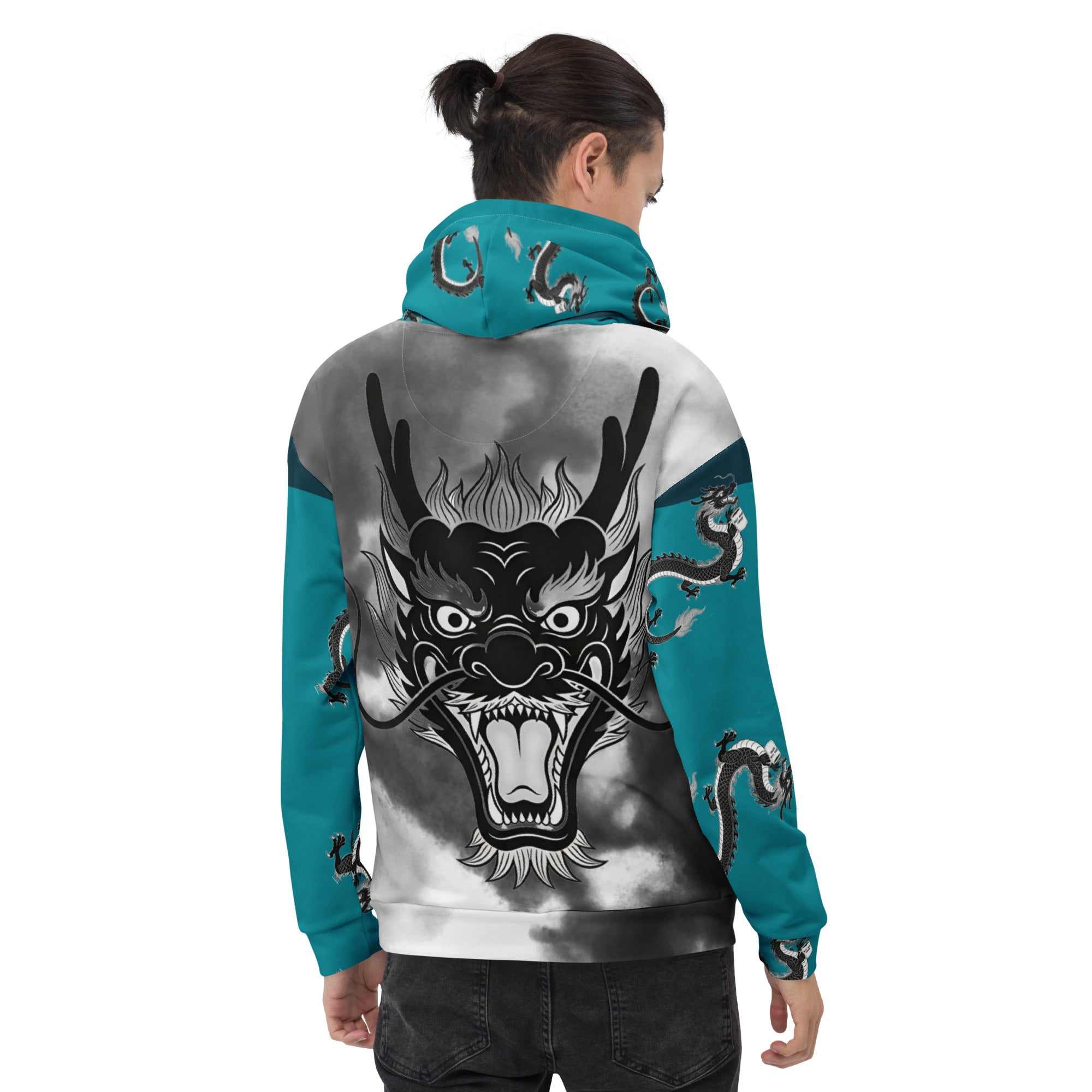 Woman wearing Dragon coffee hoodie detail - mythical creature with Must Have Coffee mug design - teal sleeves and hood- dragon head - back view