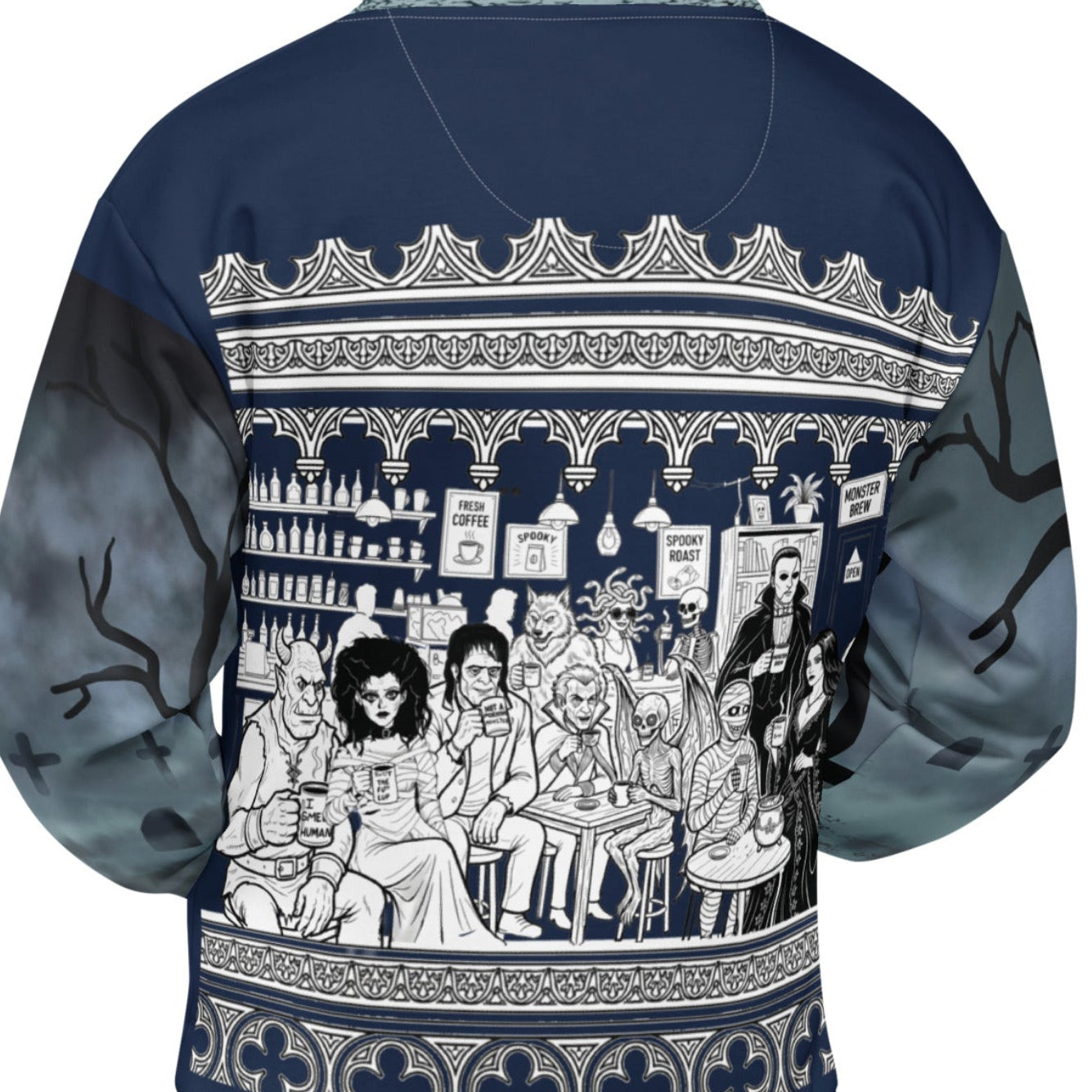 At The Monster Café Brew Crew Hoodie — back view showing all 13 monsters gathered at the Monster Brew café, full gothic line art scene framed by ornamental border, navy and grey all-over print
