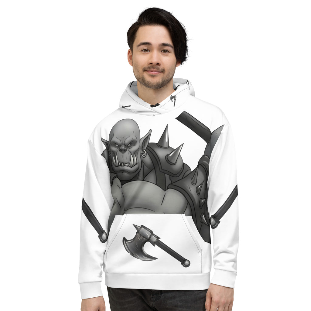 Man wearing Coffee Warrior Orc Unisex Hoodie - Funny Before Coffee Hoodie-All over print - Black and white- Fierce Orc Warrior holding an ax - hood has axes printed in a pattern. Pocket and sleeves has an axe. - front view