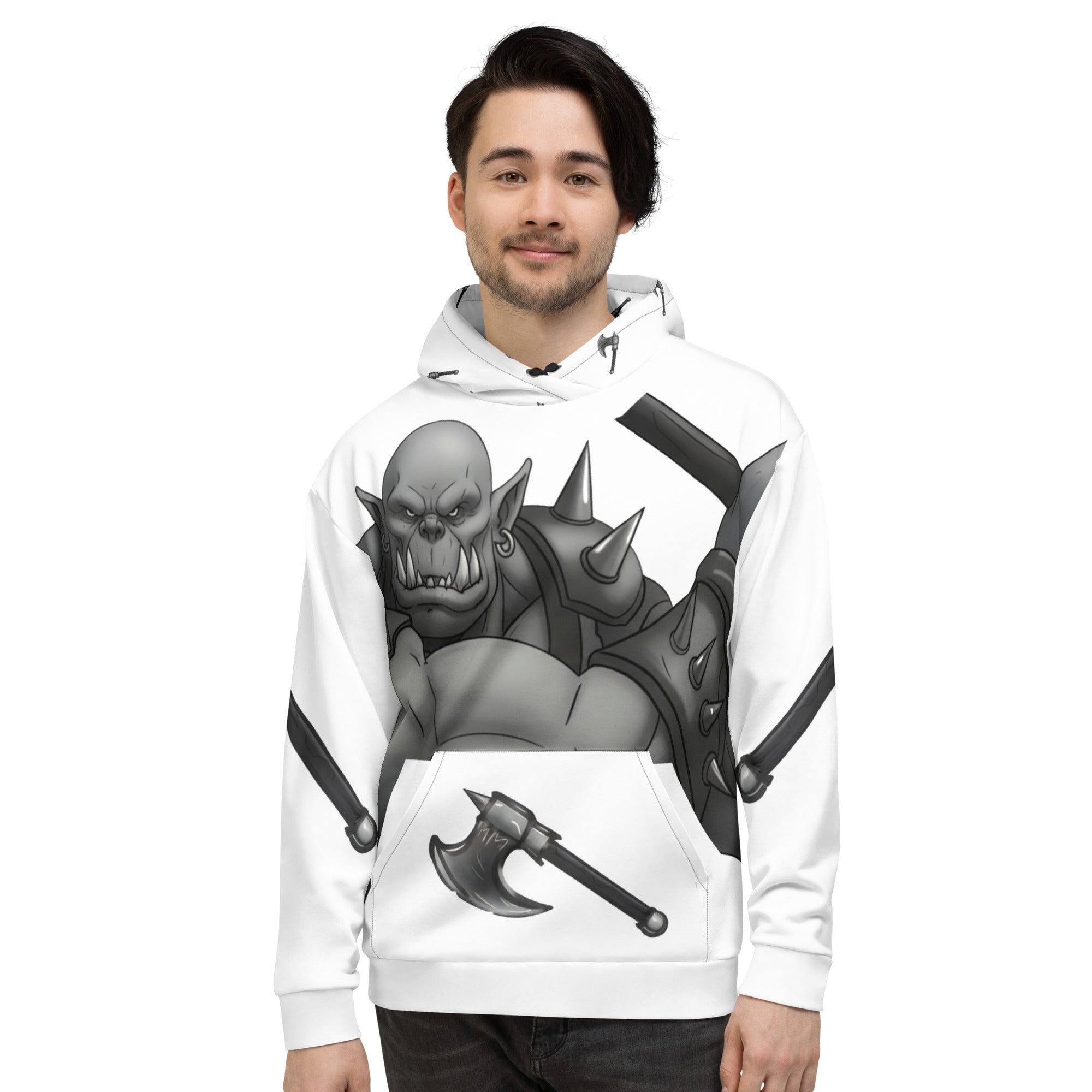 man wearing Coffee Warrior Orc Unisex Hoodie - Funny Before Coffee Hoodie-All over print - Black and white- Fierce Orc Warrior swinging an ax - hood has axes printed in a pattern. Pocket and sleeves has an axe. - front