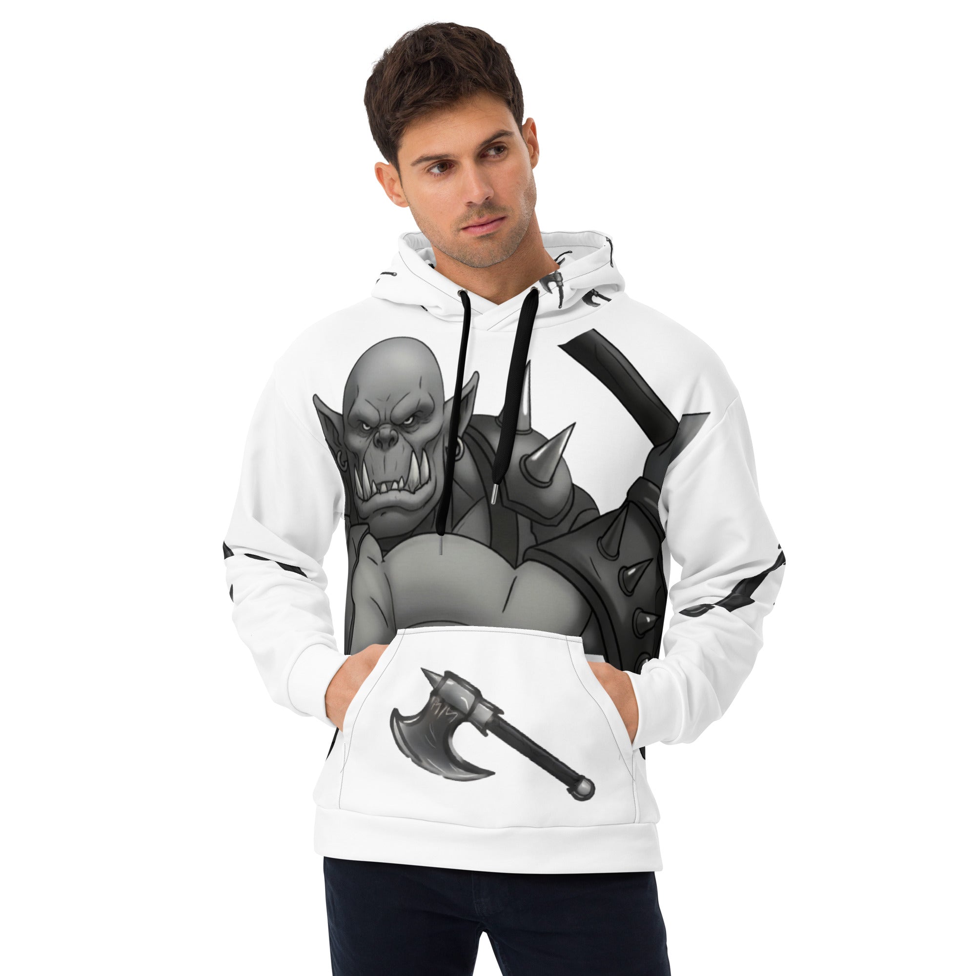 man wearing Coffee Warrior Orc Unisex Hoodie - Funny Before Coffee Hoodie-All over print - Black and white- Fierce Orc Warrior swinging an ax - hood has axes printed in a pattern. Pocket and sleeves has an axe. - front