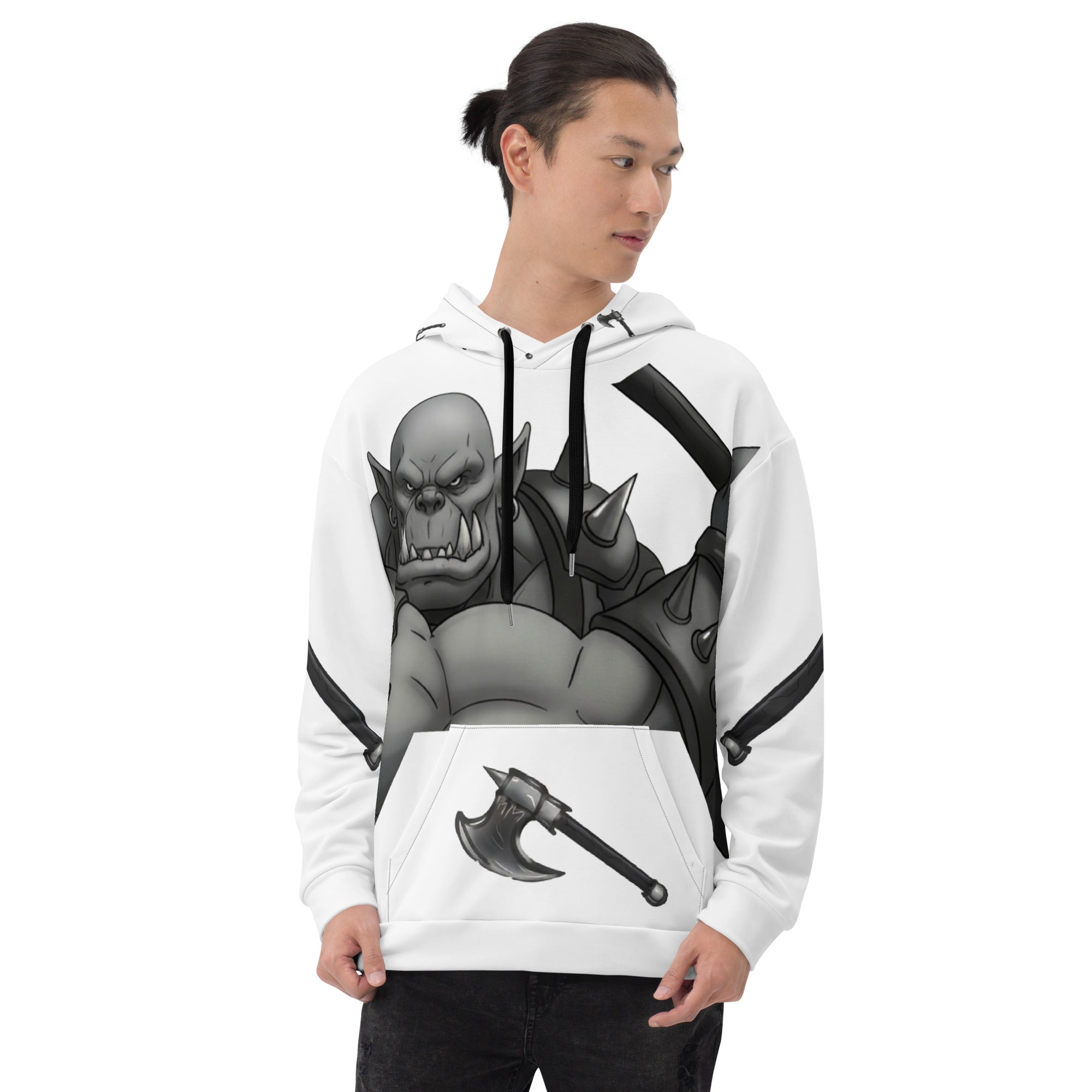 man wearing Coffee Warrior Orc Unisex Hoodie - Funny Before Coffee Hoodie-All over print - Black and white- Fierce Orc Warrior swinging an ax - hood has axes printed in a pattern. Pocket and sleeves has an axe. - front view