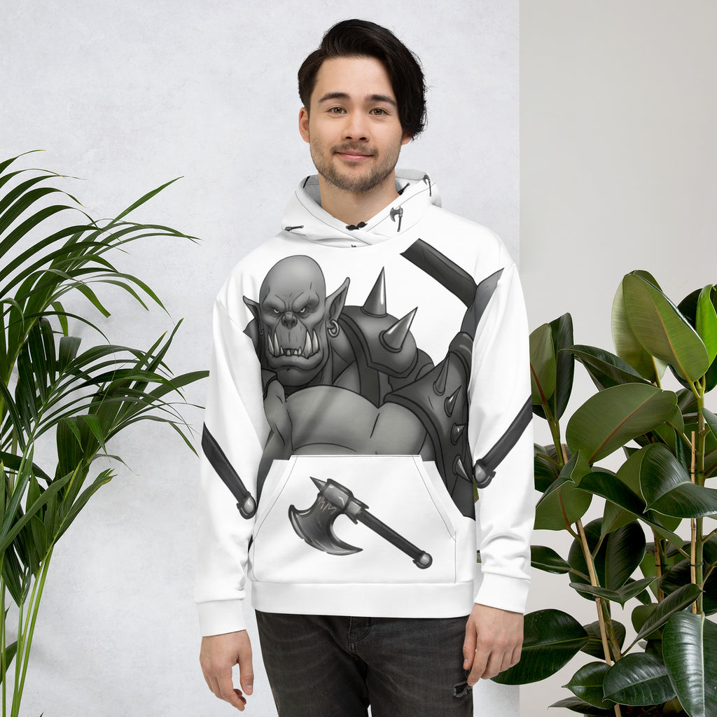 man wearing Coffee Warrior Orc Unisex Hoodie - Funny Before Coffee Hoodie-All over print - Black and white- Fierce Orc Warrior swinging an ax - hood has axes printed in a pattern. Pocket and sleeves has an axe. - front  view