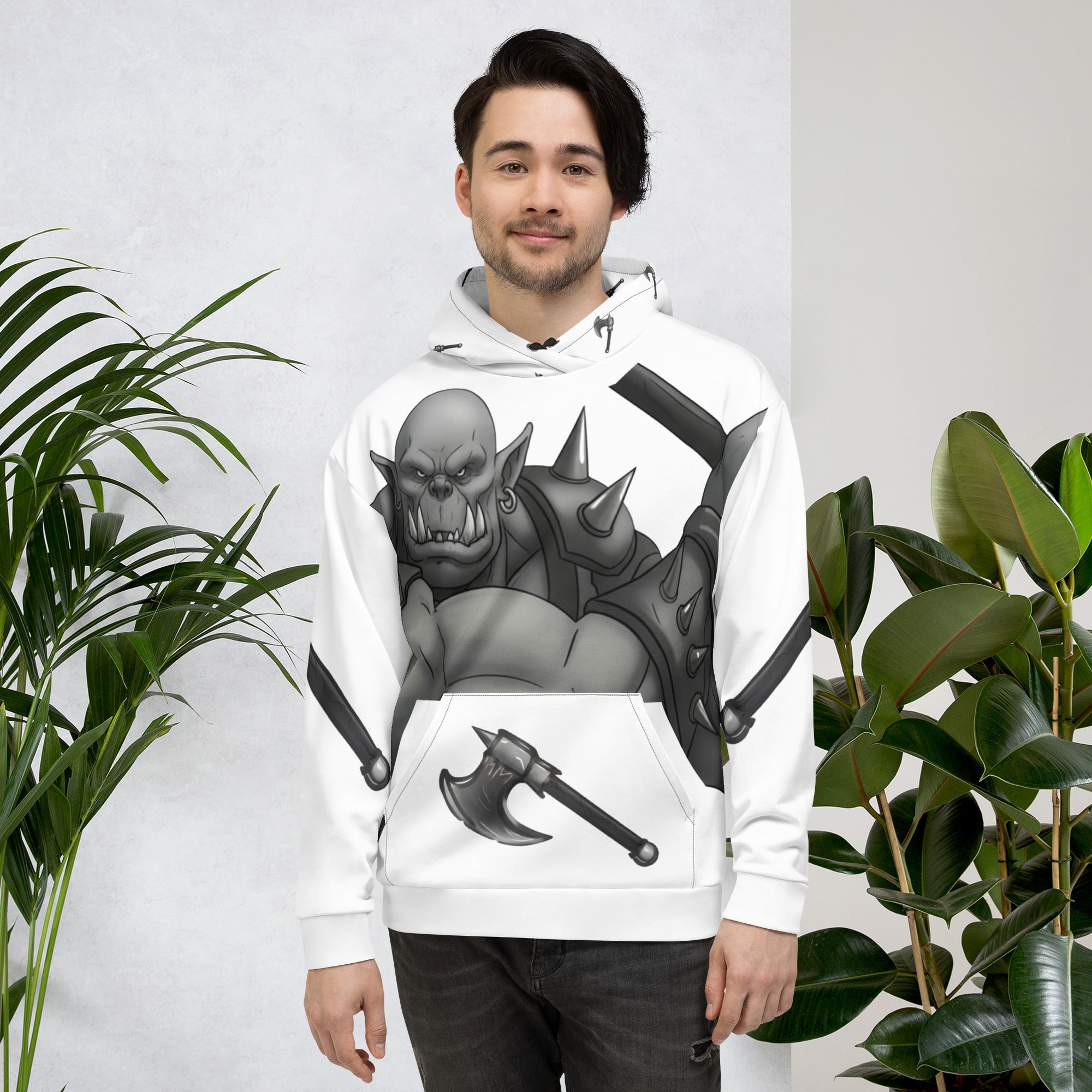man wearing Coffee Warrior Orc Unisex Hoodie - Funny Before Coffee Hoodie-All over print - Black and white- Fierce Orc Warrior swinging an ax - hood has axes printed in a pattern. Pocket and sleeves has an axe. - front  view