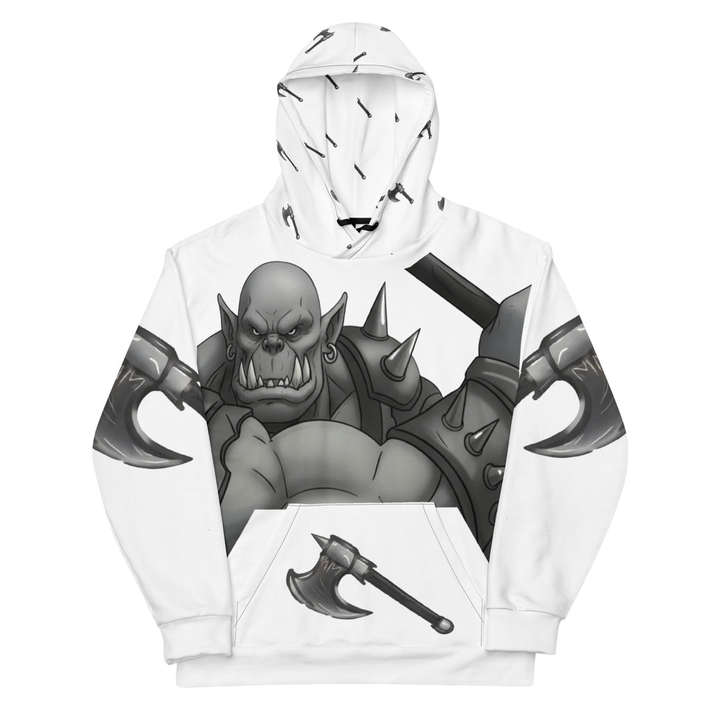 Coffee Warrior Orc Unisex Hoodie - Funny Before Coffee Hoodie-All over print - Black and white- Fierce Orc Warrior swinging an ax - hood has axes printed in a pattern. Pocket and sleeves has an axe. - front