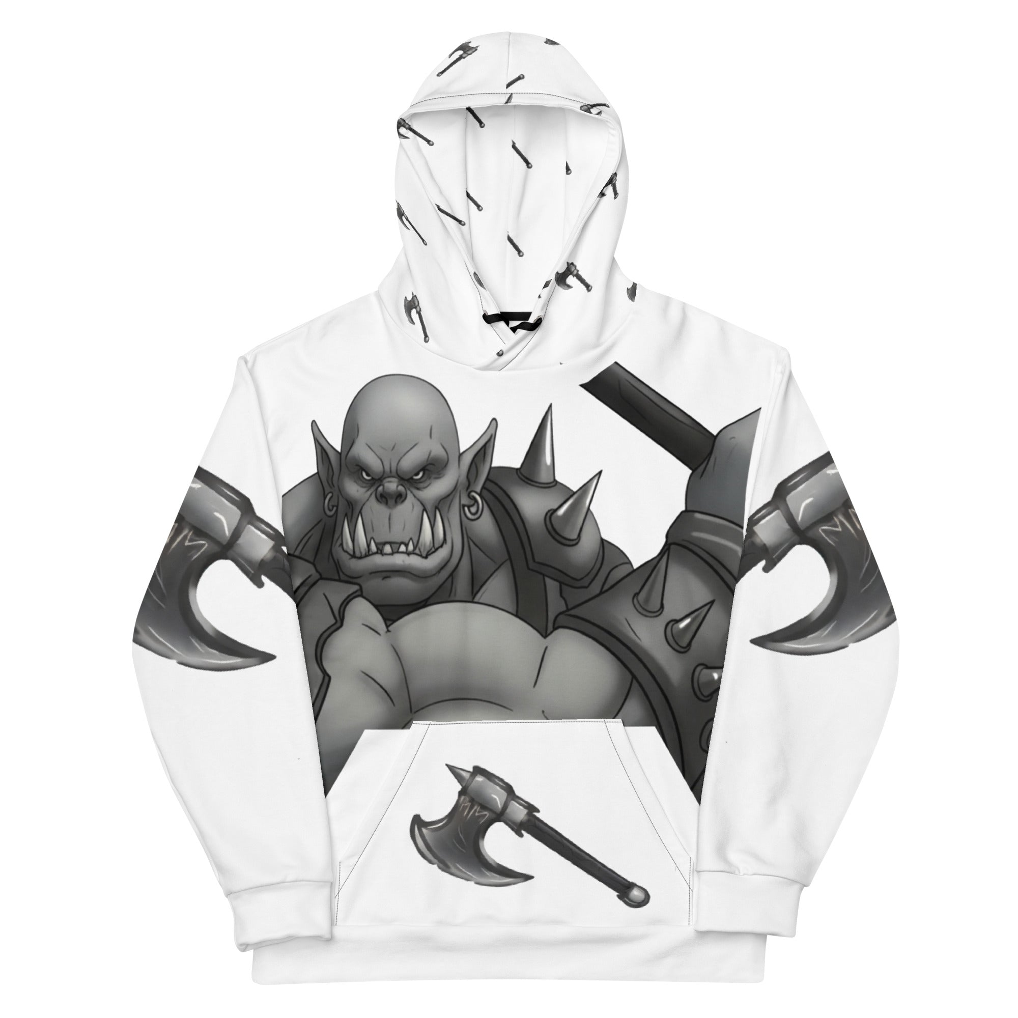 Coffee Warrior Orc Unisex Hoodie - Funny Before Coffee Hoodie-All over print - Black and white- Fierce Orc Warrior swinging an ax - hood has axes printed in a pattern. Pocket and sleeves has an axe. - front