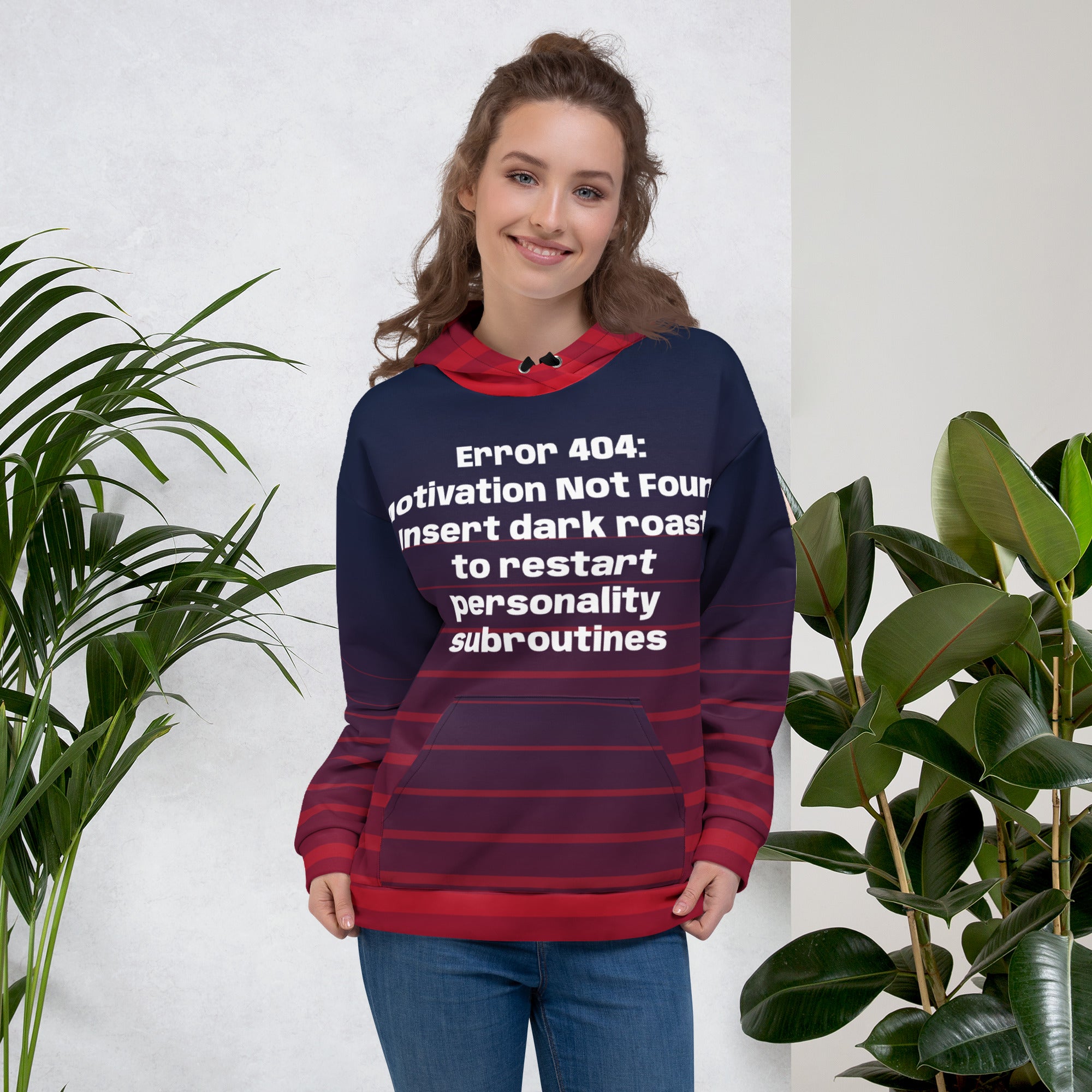 woman wearing stunning all-over print unisex hoodie features our hilarious Error 404 Cyborg Woman design with vibrant gradient stripes -Text- "Error 404:  Motivation Not Found. Insert dark roast to restart personality subroutines". front view
