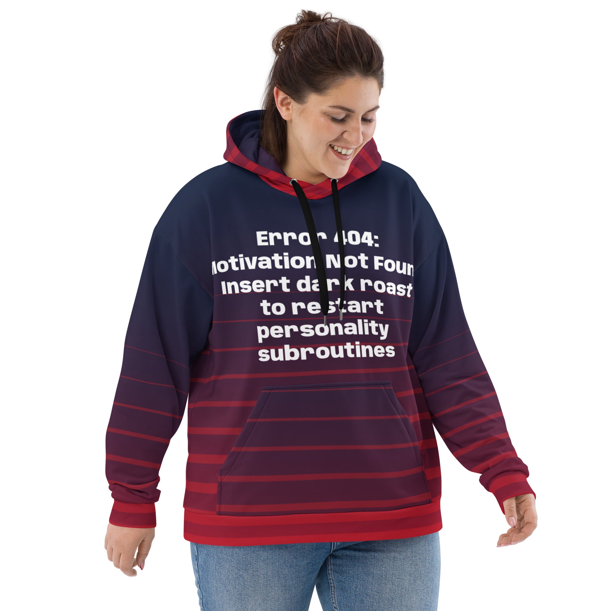 woman wearing stunning all-over print unisex hoodie features our hilarious Error 404 Cyborg Woman design with vibrant gradient stripes -Text- "Error 404:  Motivation Not Found. Insert dark roast to restart personality subroutines". front view