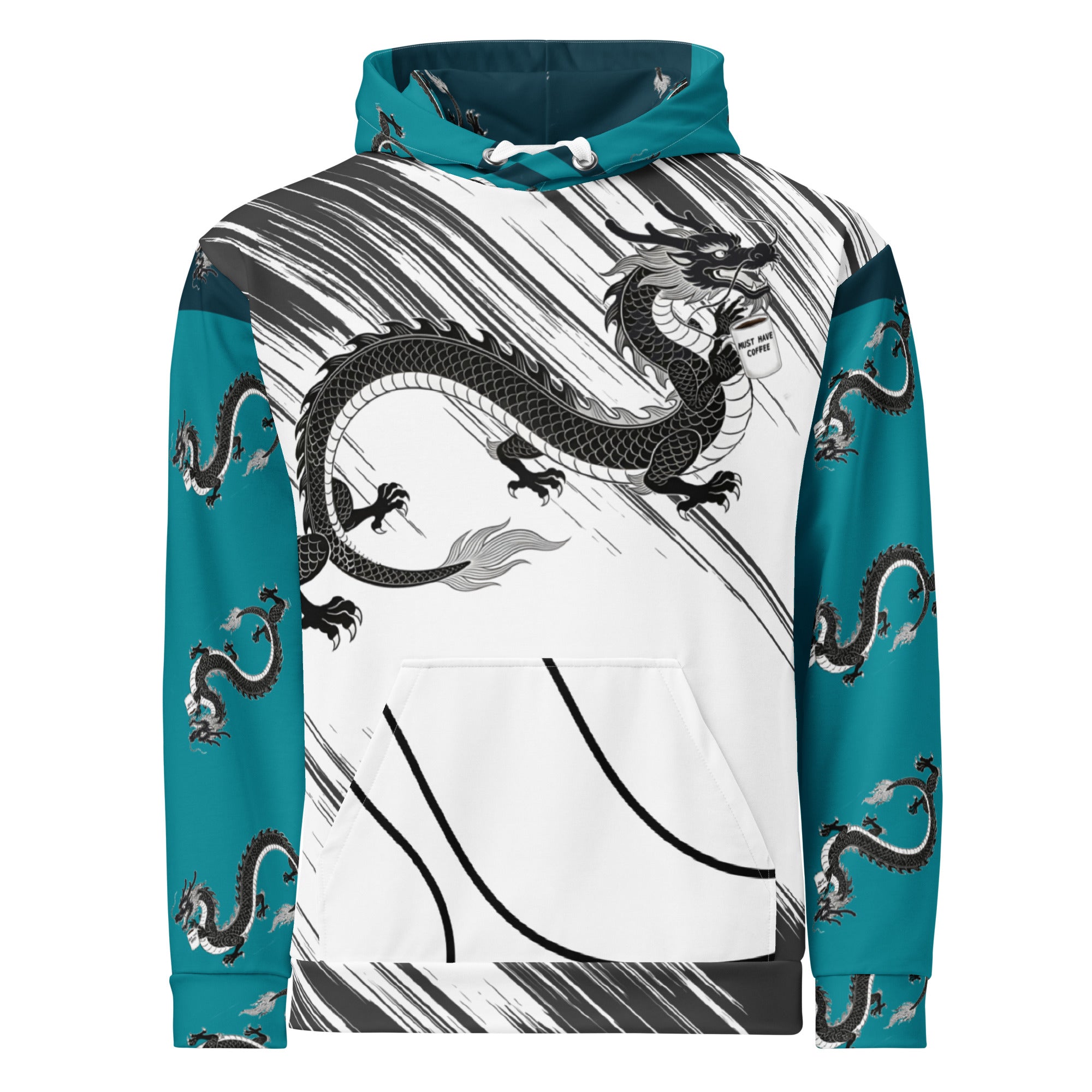 Must Have Coffee Dragon Hoodie front view - dragon holding coffee mug with teal sleeves