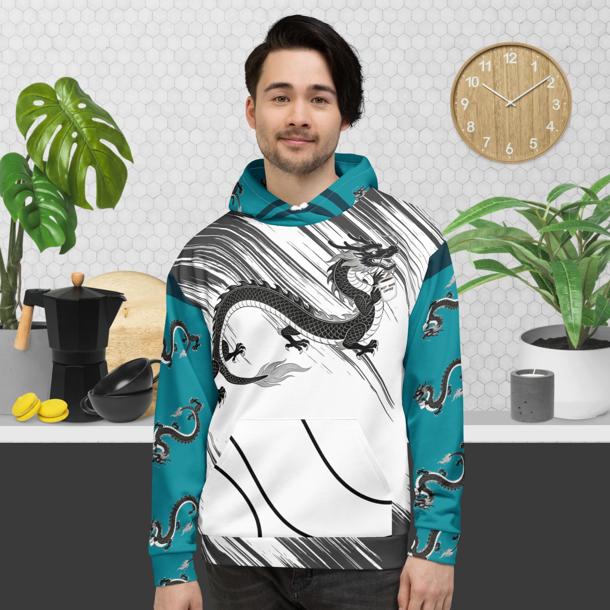 Man wearing Dragon coffee hoodie - mythical creature with coffee mug "must have coffee"-front pocket - speed lines background