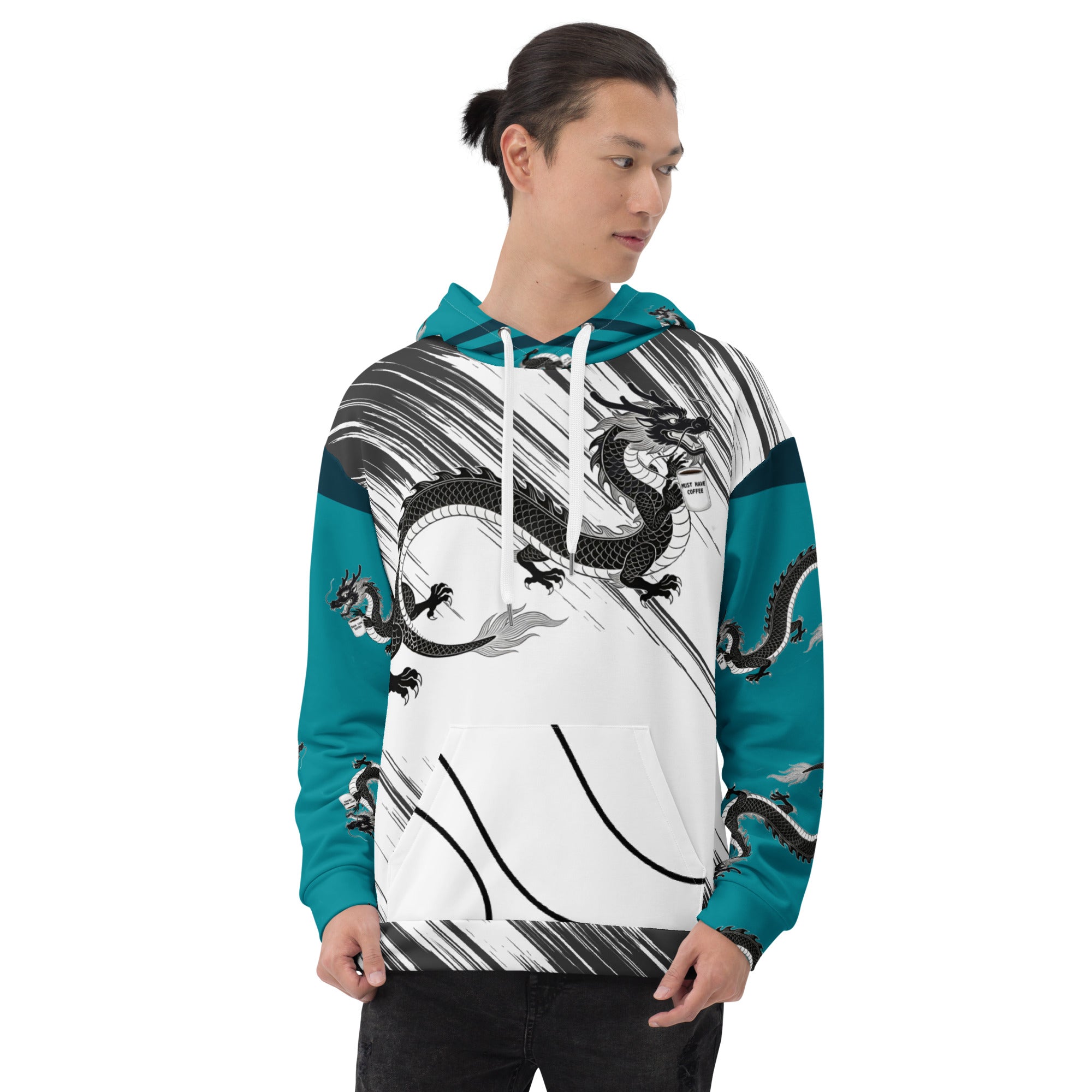 man wearing Dragon coffee hoodie detail - mythical creature with Must Have Coffee mug design - teal sleeves and hood
