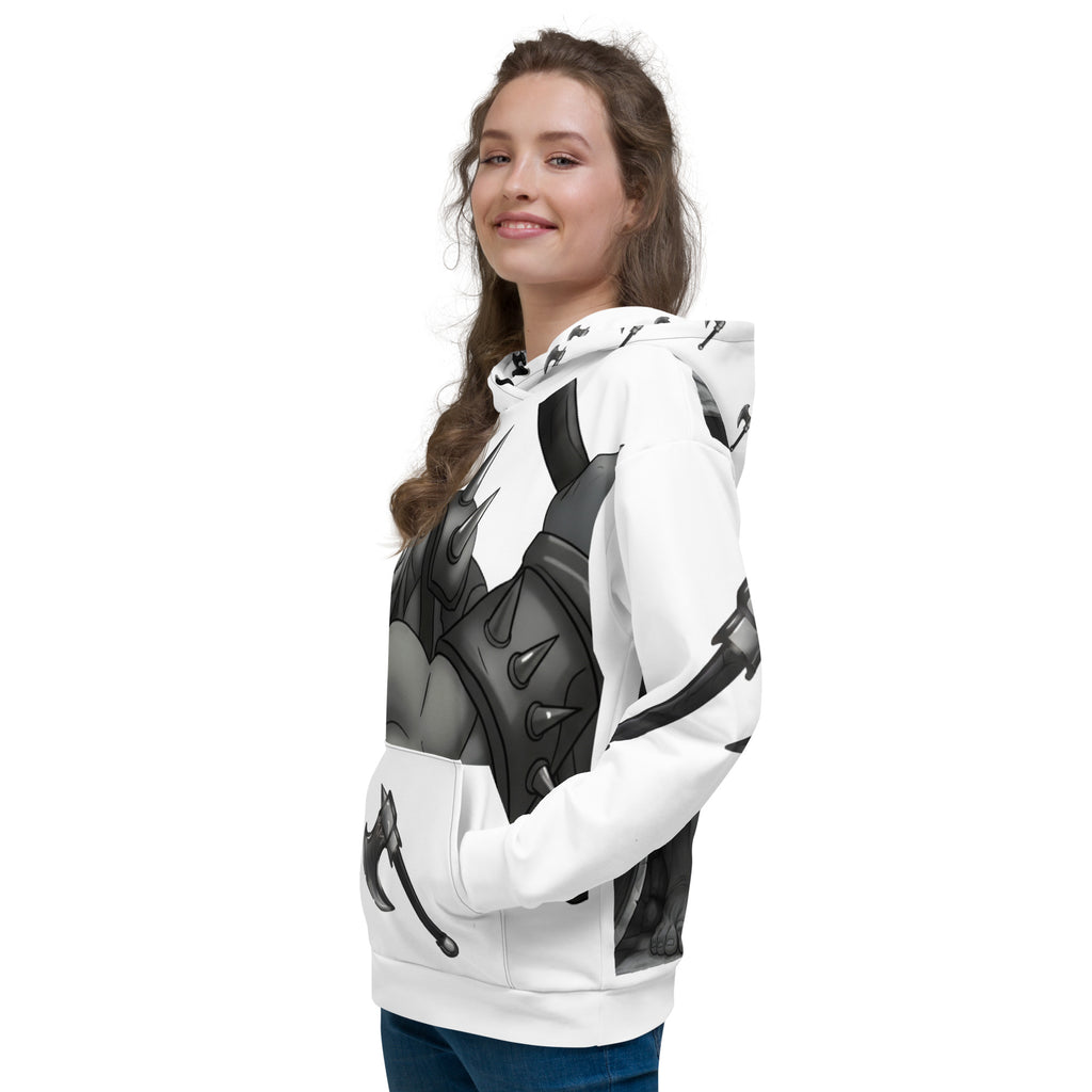 Woman wearing Coffee Warrior Orc Unisex Hoodie - Funny Before Coffee Hoodie-All over print - Black and white- Fierce Orc Warrior swinging an ax - hood has axes printed in a pattern. Pocket and sleeves has an axe. - front left view