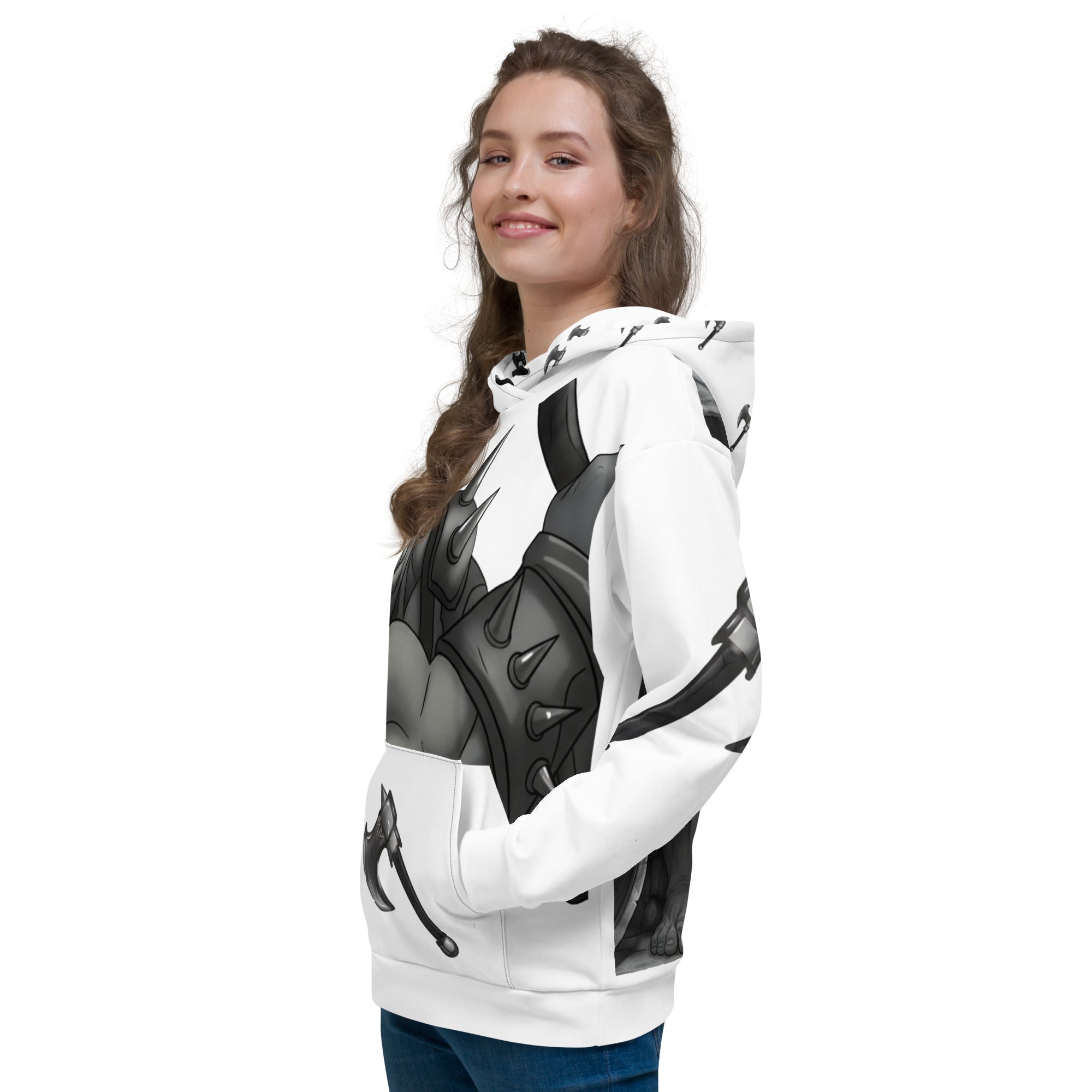 Woman wearing Coffee Warrior Orc Unisex Hoodie - Funny Before Coffee Hoodie-All over print - Black and white- Fierce Orc Warrior swinging an ax - hood has axes printed in a pattern. Pocket and sleeves has an axe. - front left view