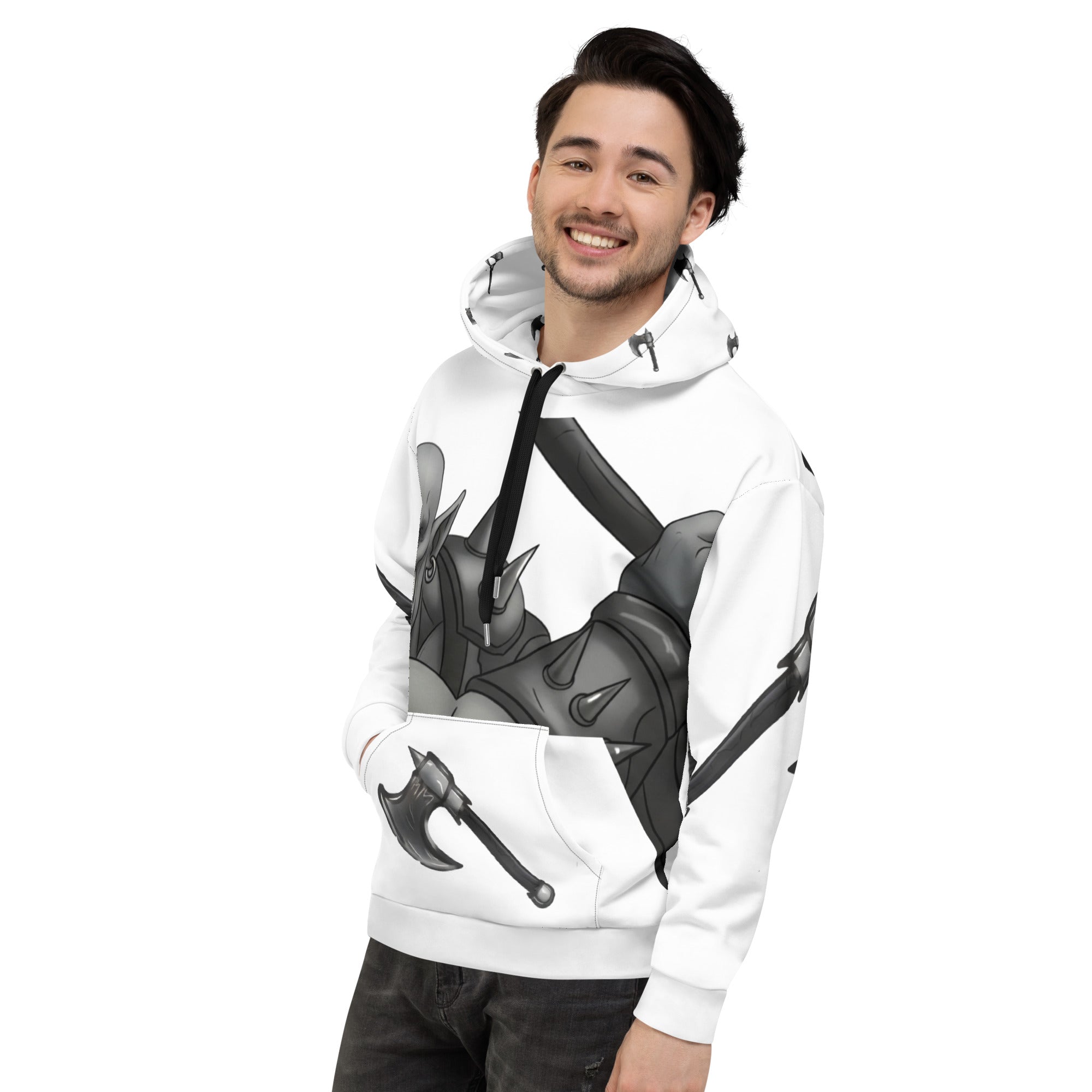 man wearing Coffee Warrior Orc Unisex Hoodie - Funny Before Coffee Hoodie-All over print - Black and white- Fierce Orc Warrior swinging an ax - hood has axes printed in a pattern. Pocket and sleeves has an axe. - front left view