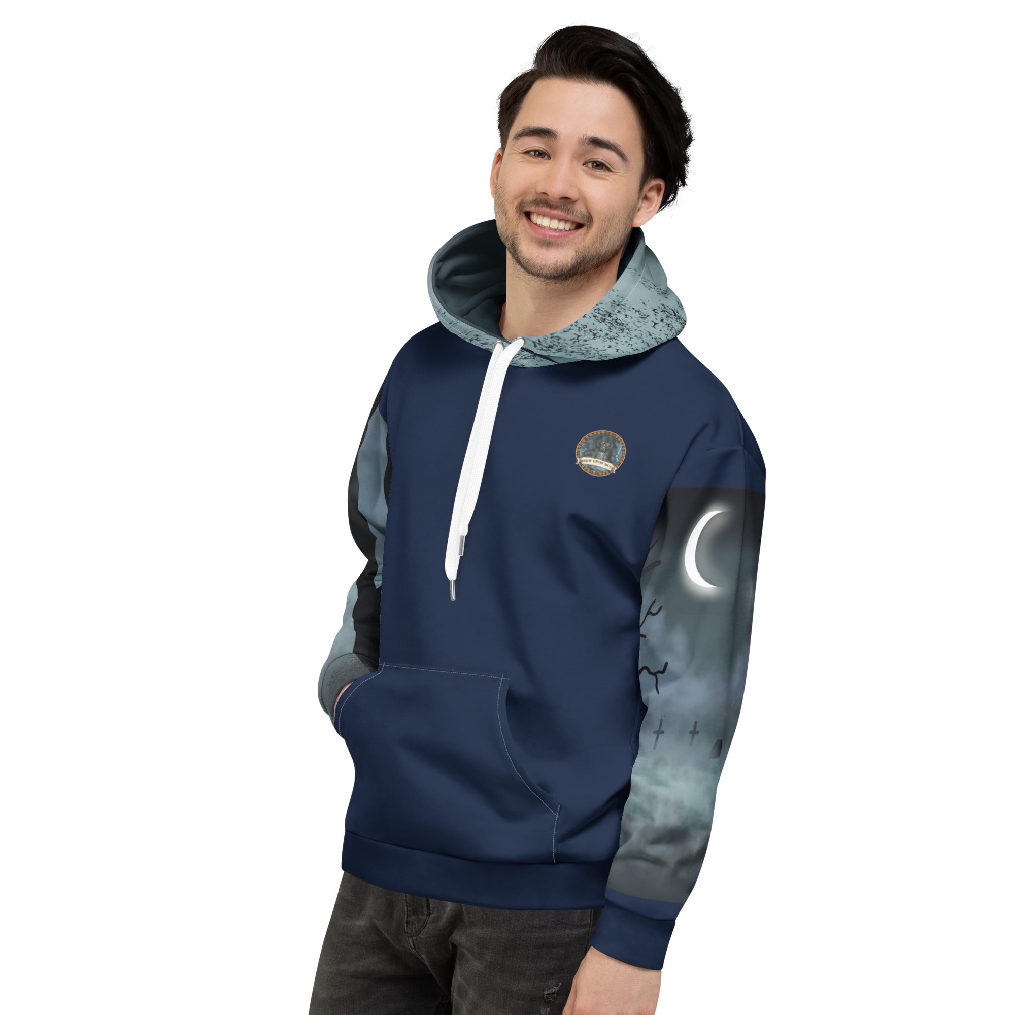 At The Monster Café Brew Crew Hoodie — front view, navy unisex hoodie with Brew Crew Mugs logo on left chest, gothic graveyard all-over print on sleeves and hood with crescent moon