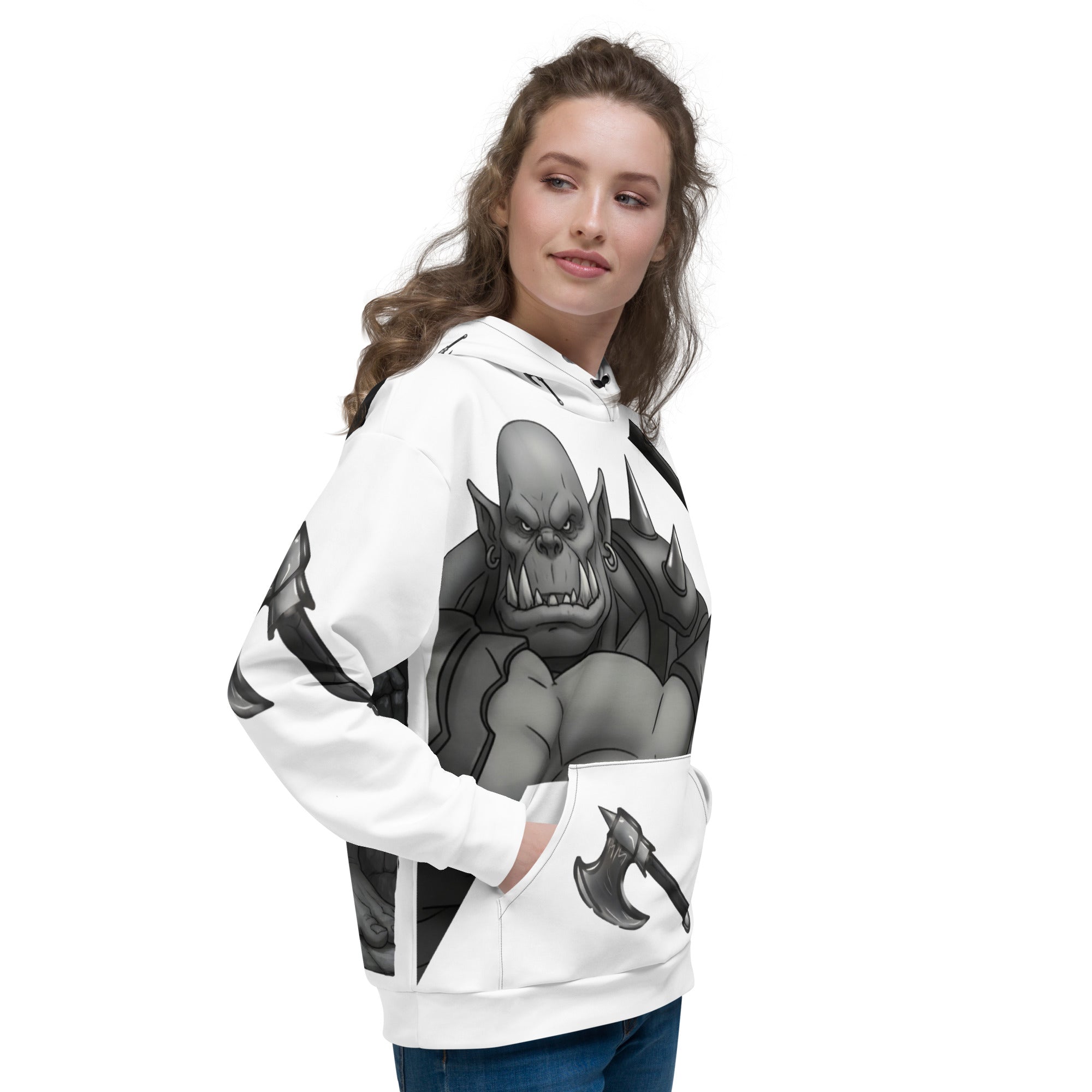 Woman wearing Coffee Warrior Orc Unisex Hoodie - Funny Before Coffee Hoodie-All over print - Black and white- Fierce Orc Warrior swinging an ax - hood has axes printed in a pattern. Pocket and sleeves has an axe. - front right view