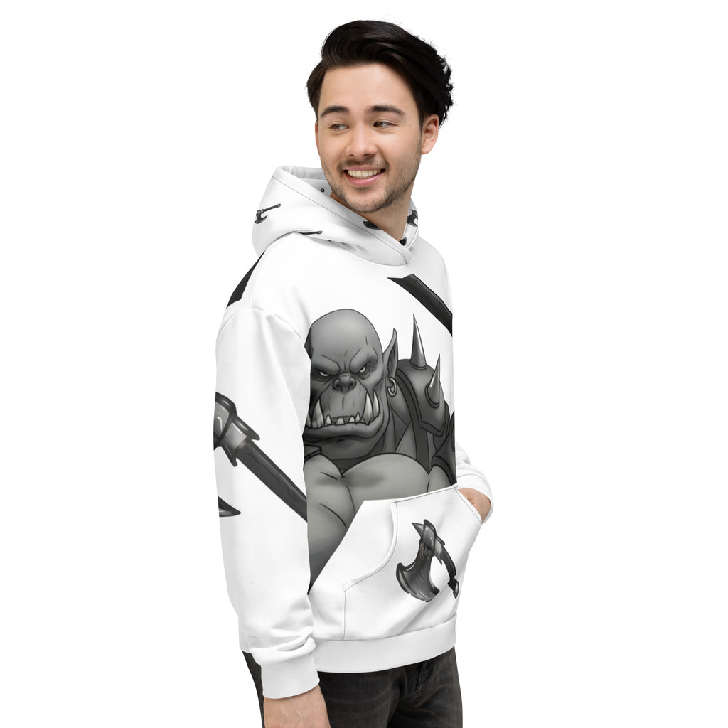 man wearing Coffee Warrior Orc Unisex Hoodie - Funny Before Coffee Hoodie-All over print - Black and white- Fierce Orc Warrior swinging an ax - hood has axes printed in a pattern. Pocket and sleeves has an axe. - front right view