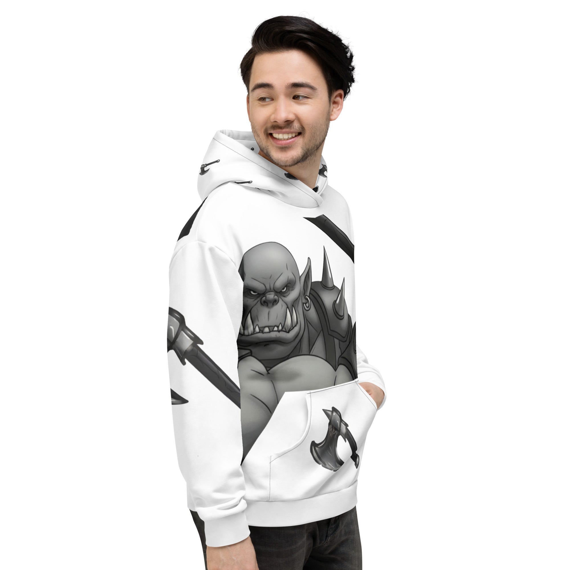 man wearing Coffee Warrior Orc Unisex Hoodie - Funny Before Coffee Hoodie-All over print - Black and white- Fierce Orc Warrior swinging an ax - hood has axes printed in a pattern. Pocket and sleeves has an axe. - front right view