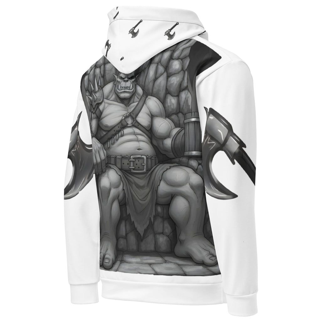 Coffee Warrior Orc Unisex Hoodie - Funny Before Coffee Hoodie-All over print - Black and white- Fierce Orc Warrior sitting in favorite chair holding a coffee mug - hood has axes printed in a pattern. Pocket and sleeves has an axe. - right back  view