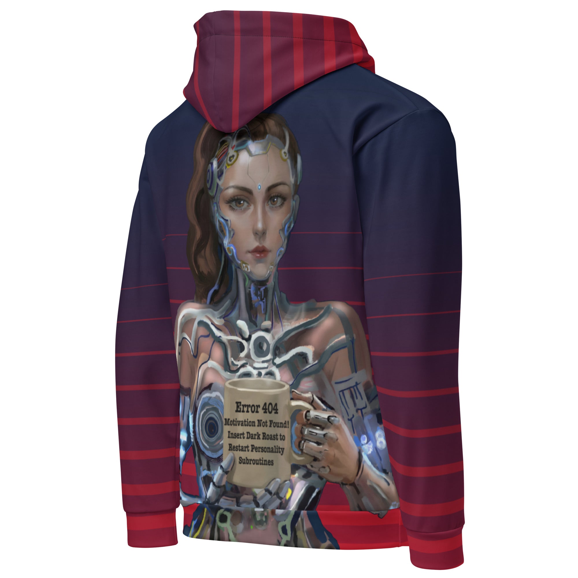 stunning all-over print unisex hoodie features our hilarious Error 404 Cyborg Woman design with vibrant gradient stripes -gorgeous cyborg woman holding her coffee mug- right back view