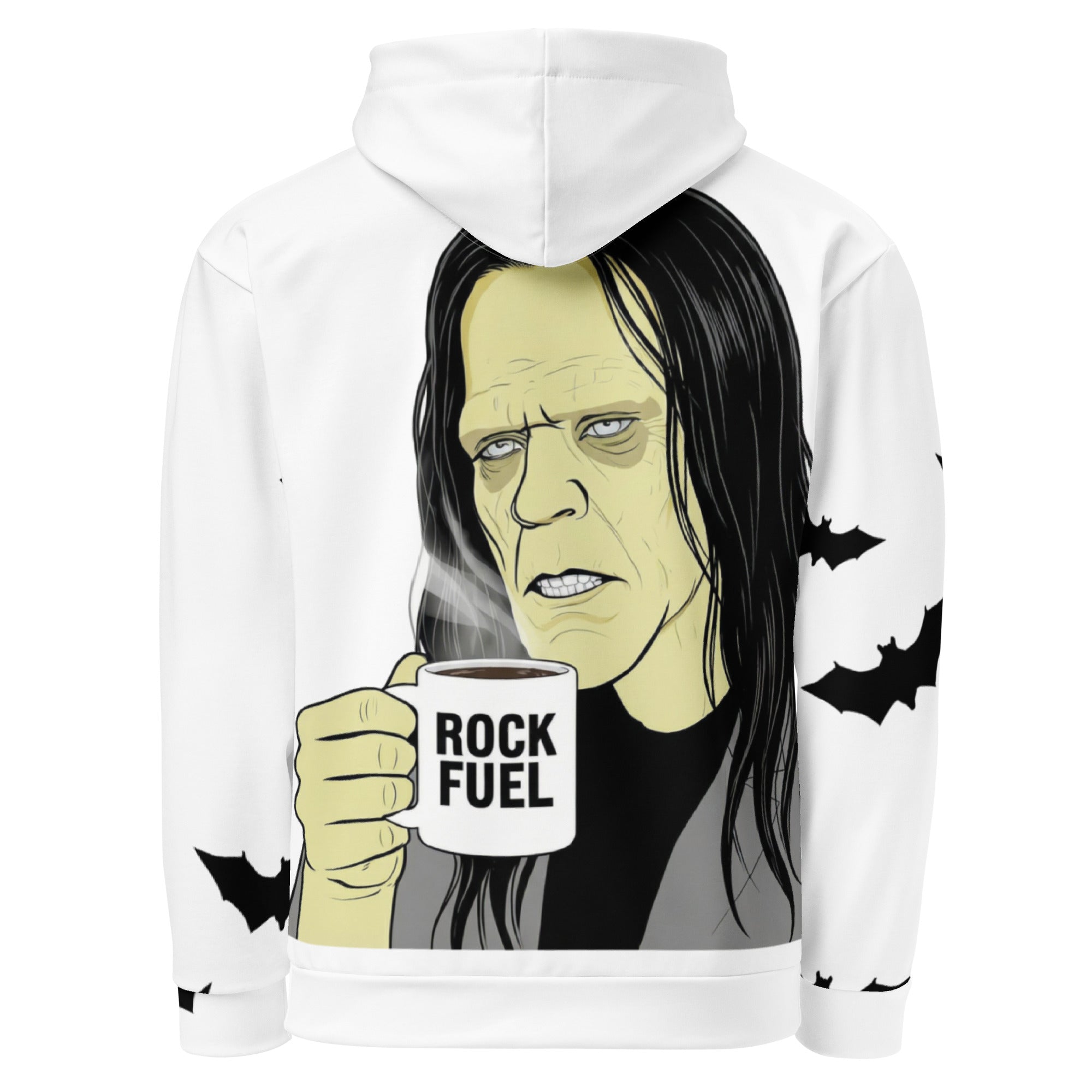 Premium white cotton hoodie with pocket - Brew-kenstein "It's Alive after coffee" Monster hoodie features the monster holding his coffee mug that has "Rock Fuel" written on it. Sleeves have bats. back view