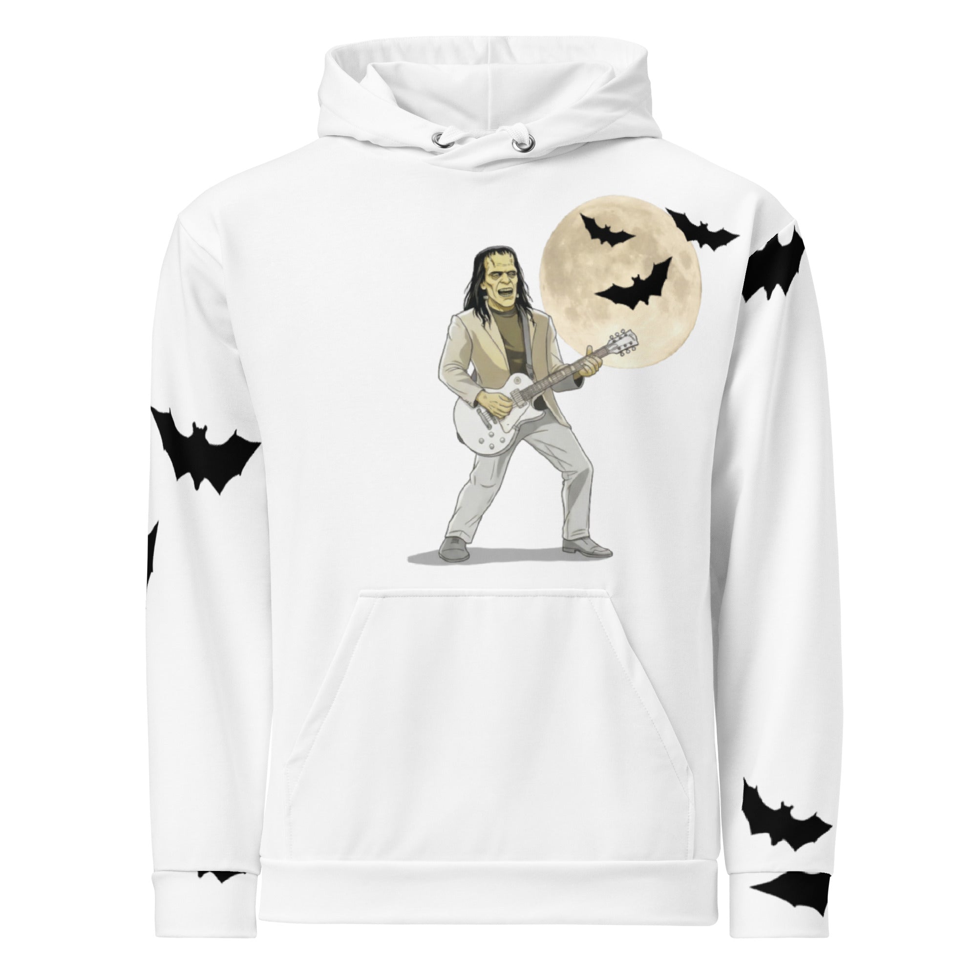 Premium white cotton hoodie with pocket - Brew-kenstein "It's Alive after coffee" Monster hoodie features the monster playing his guitar with a full moon and bat scattered. Sleeves have bats. front view
