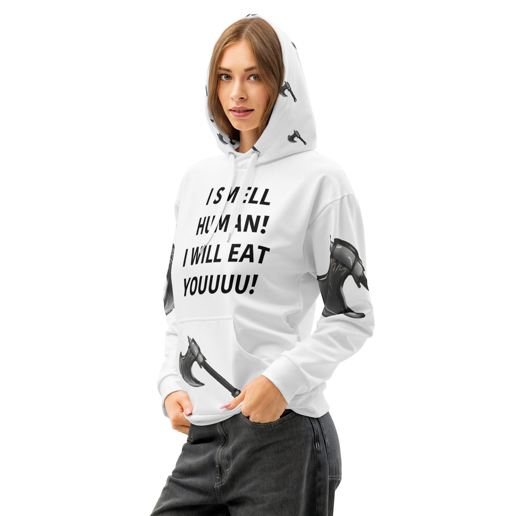 I Smell Human Coffee Hoodie - Funny Ogre Warrior Cotton Hoodie | Brew …

Bold cotton hoodie with "I SMELL HUMAN! I WILL EAT YOUUUUU!"  -front- axes on sleeves, hood and pocket - front right
