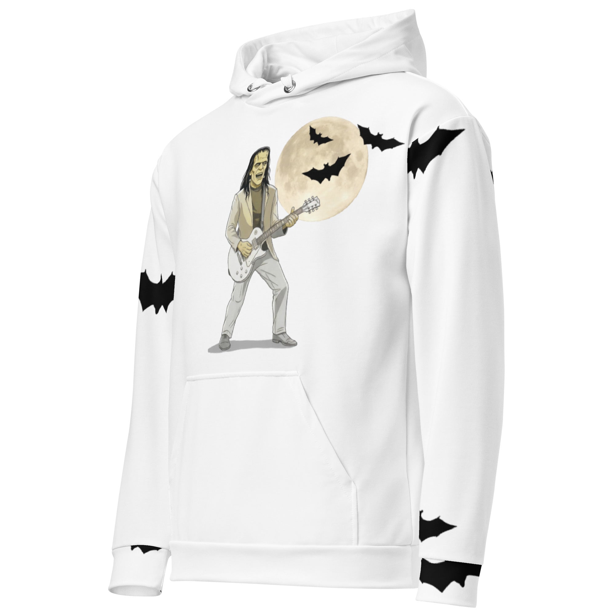 Premium white cotton hoodie with pocket - Brew-kenstein "It's Alive after coffee" Monster hoodie features the monster playing his guitar with a full moon and bat scattered. Sleeves have bats. front view left 