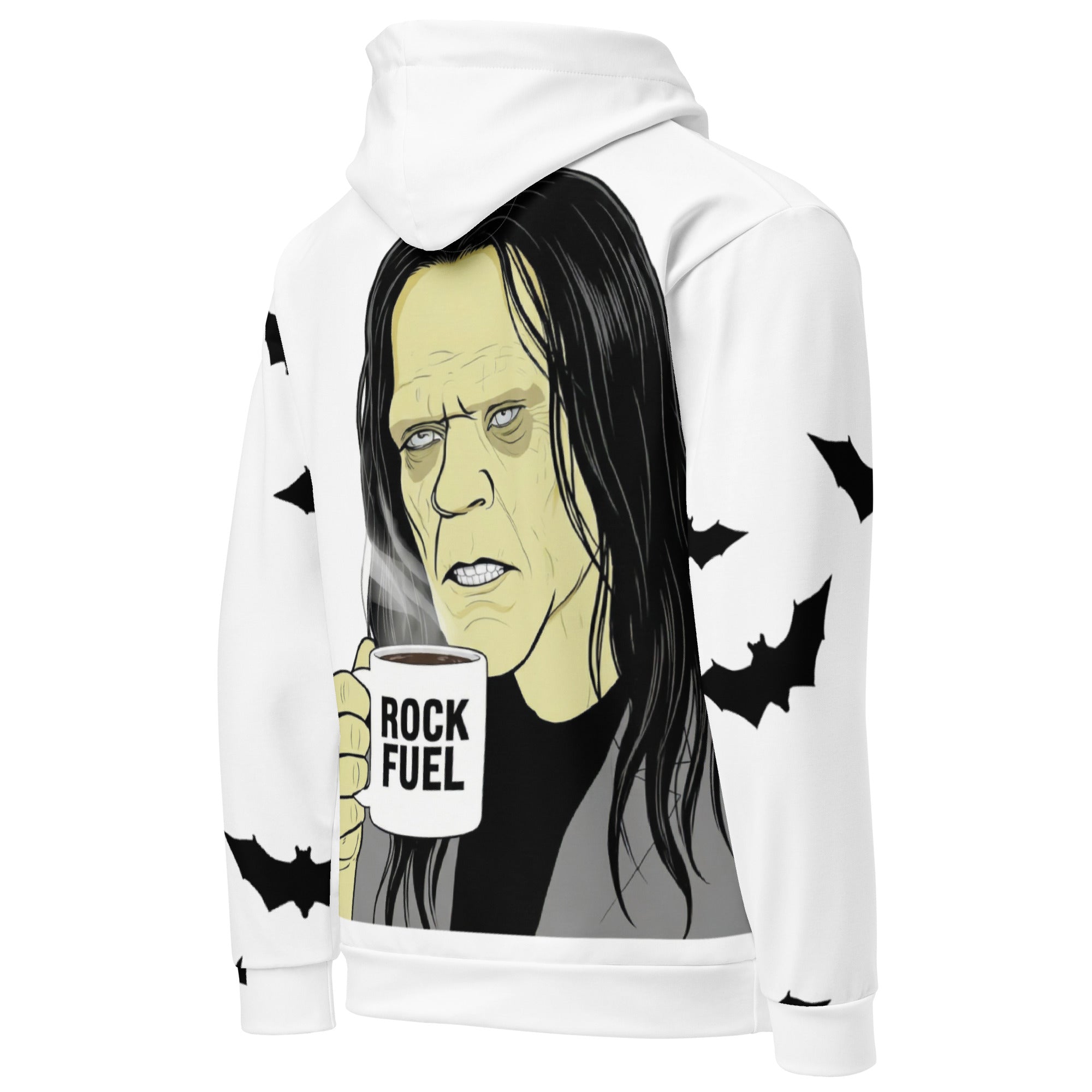 Premium white cotton hoodie with pocket - Brew-kenstein "It's Alive after coffee" Monster hoodie features the monster holding his coffee mug that has "Rock Fuel" written on it. Sleeves have bats. back view left
