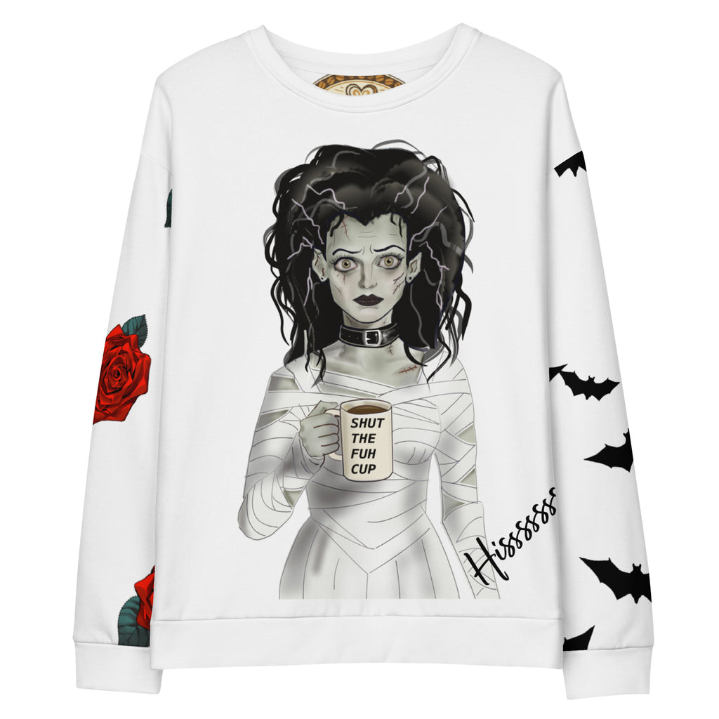Shut the Fuh Cup Sweatshirt - Bride of Frankenstein Coffee -Gothic Bride of Frankenstein wrapped in bandages, wild hair, clutching her "SHUT THE FUH CUP" mug with that death stare- Sleeves have Scattered bats and roses for peak Gothic aesthetic -front view