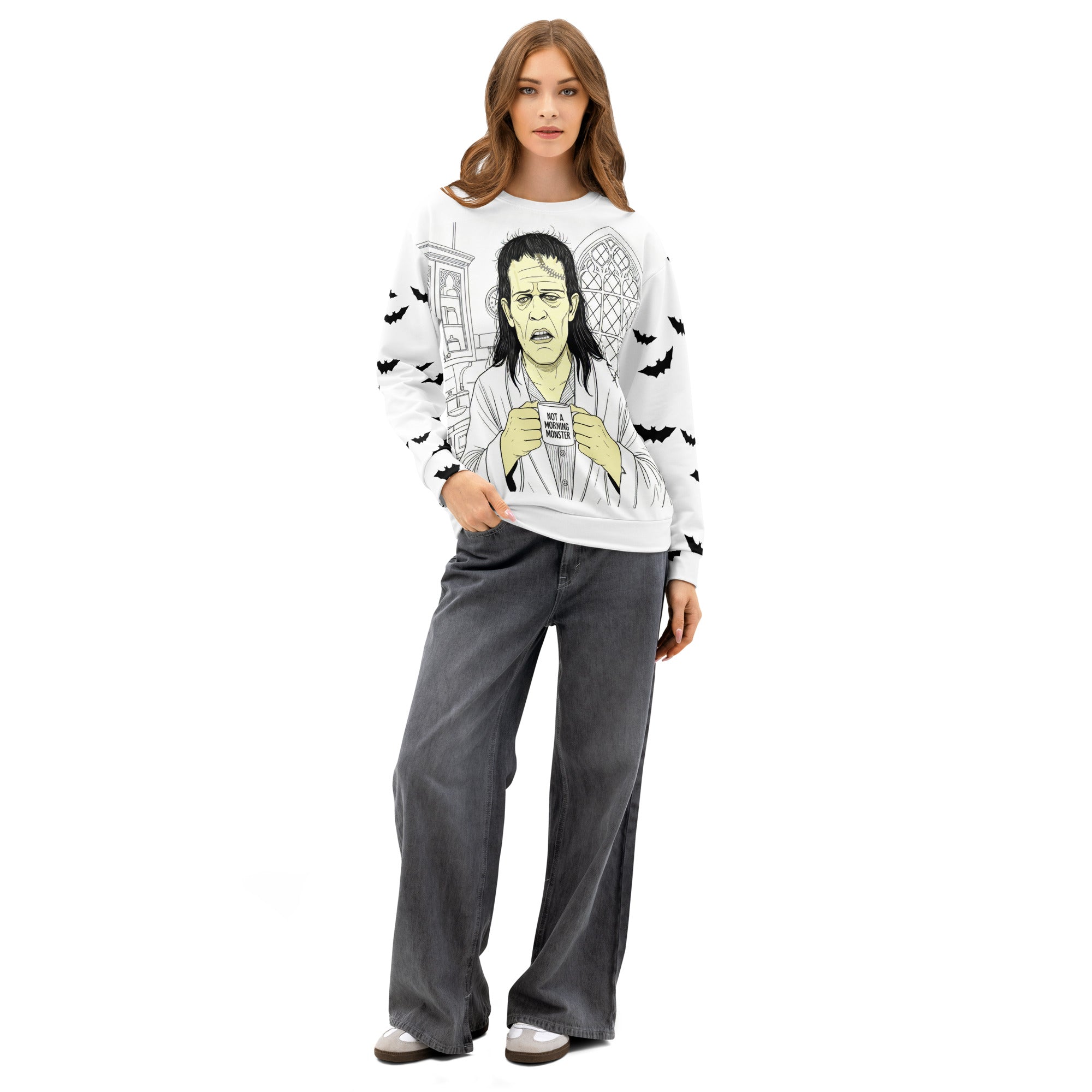 All over print unisex cotton sweatshirt - Brew-kenstein holding coffee mug with "not a morning monster" print - bats on sleeves - 2XS-6XL - front view