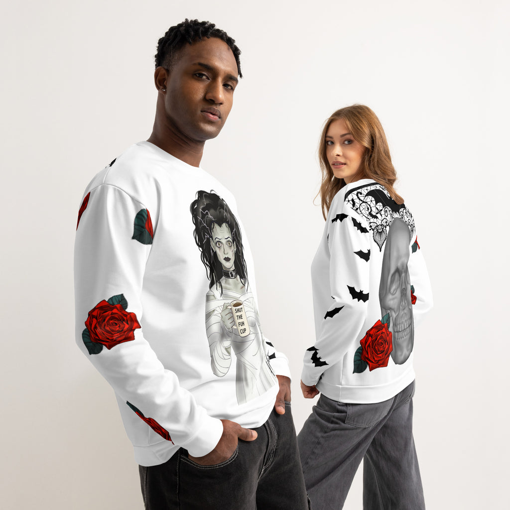 Unisex Shut the Fuh Cup Sweatshirt - Bride of Frankenstein Coffee -Gothic Bride of Frankenstein wrapped in bandages, wild hair, clutching her "SHUT THE FUH CUP" mug with that death stare
Stunning skull with red roses and Gothic lace bat detail at the top
Scattered bats and roses for peak Gothic aesthetic
