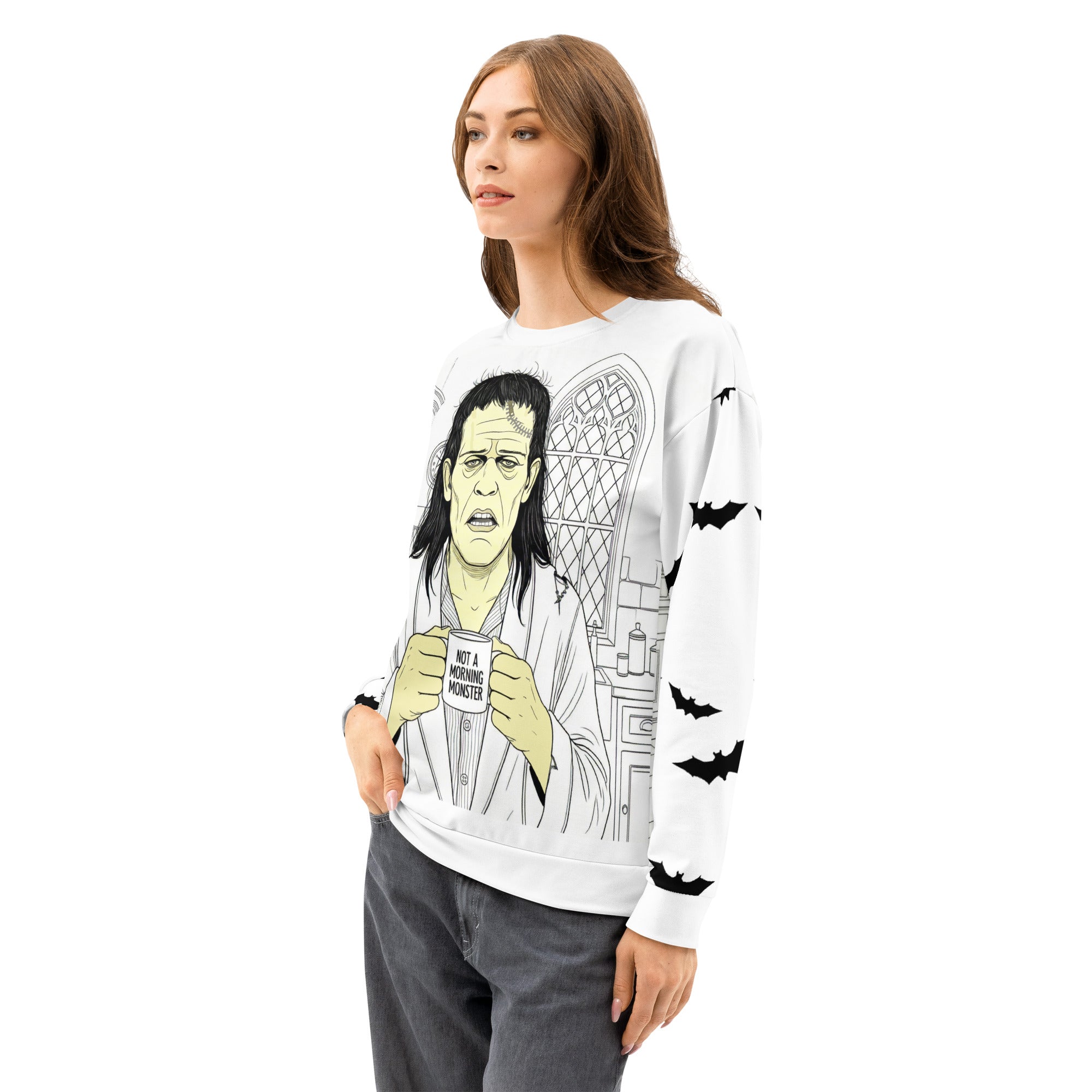 All over print unisex cotton sweatshirt - Brew-kenstein holding coffee mug with "not a morning monster" print - bats on sleeves - 2XS-6XL - side view