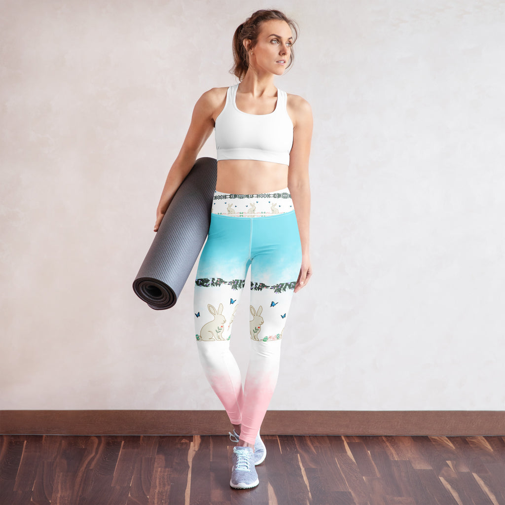 Bunny and butterfly Yoga Pants Whimsical bunny and butterfly botanical print on white background - indoor scene on woman standing 
