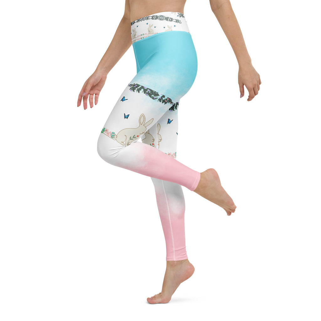 Bunny and butterfly Yoga Pants Whimsical bunny and butterfly botanical print on white background - woman wearing yoga pants side view

