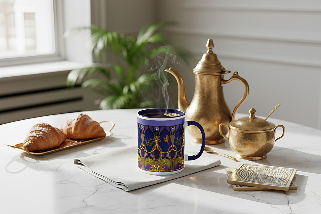 Premium white Ceramic with Color Inside- Art Deco Ornamental Mug - 1920s Vintage Navy Blue Ceramic Mug -exquisite design of golden swags, jeweled medallions, and nature-inspired motifs set against a rich navy blue background.  - 15oz - right view on a table setting with pastries coffee pot and sugar.