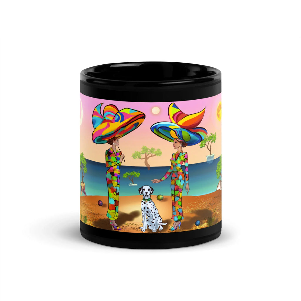 Black glossy ceramic mug featuring colorful women in vibrant hats with a Dalmatian by the sea