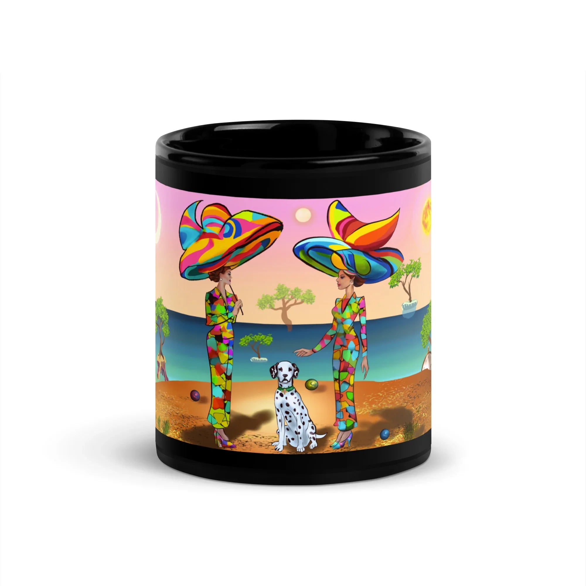 Black glossy ceramic mug featuring colorful women in vibrant hats with a Dalmatian by the sea
