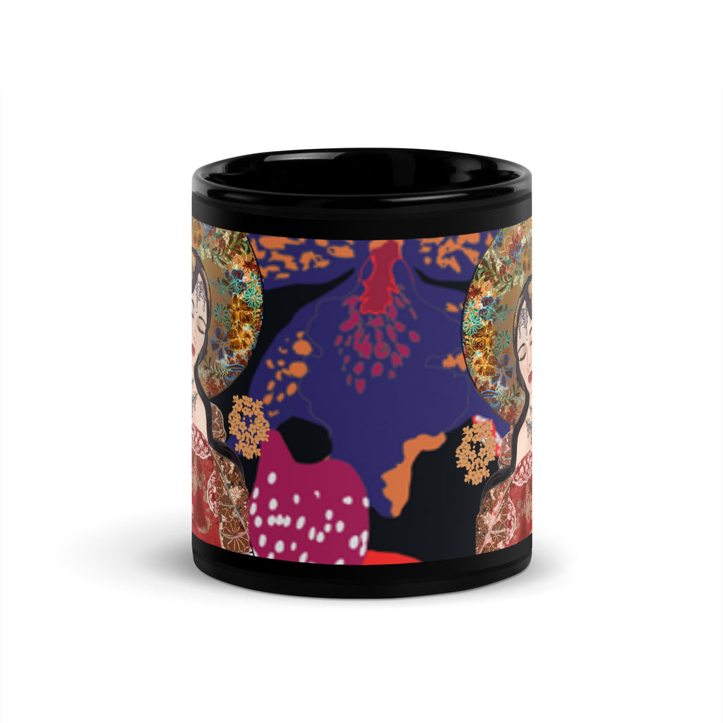 Premium Ceramic black glossy mug with Klimt inspired artwork  a vibrant kaleidoscope of flowers and an ornamental parasol - 11 oz - front view