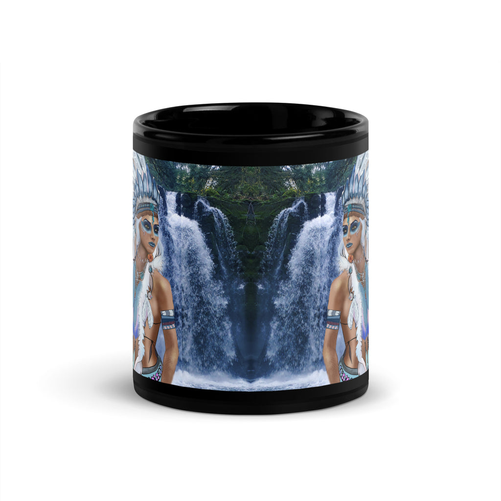 Premium Black Ceramic a majestic sacred waterfall guardian adorned with a magnificent white feathered headdress, striking blue eyes, face paint, and ornate jewelry. Set against a lush waterfall and forest background, this design celebrates peace, nature, and the sacred guardianship of the waters - 11 oz - front view