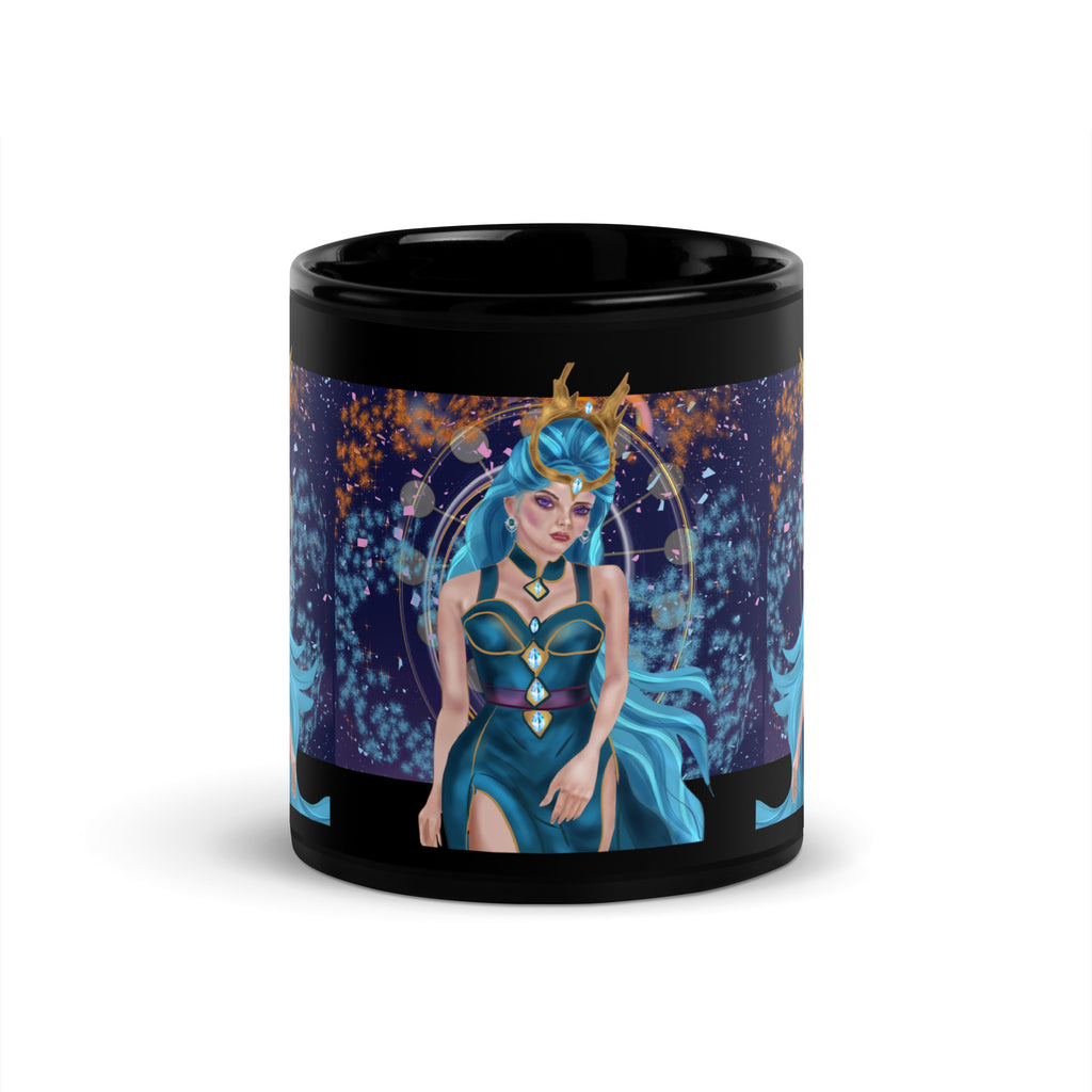 Ice Queen Mug - Premium ceramic black mug with stunning Ice Queen with turquoise blue hair, golden crown, and cosmic starry background. 11 oz - front view