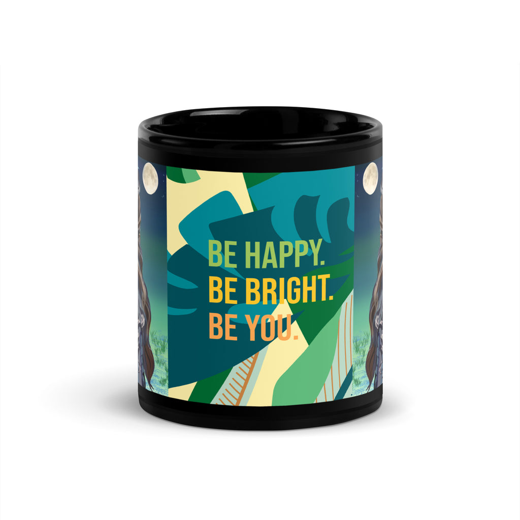 Premium Black Glossy Ceramic -Moonlit Elegance Gothic Art Mug - Inspirational Black Ceramic Mug- 11-oz-front - text "Be Happy, Be Bright, Be You" 