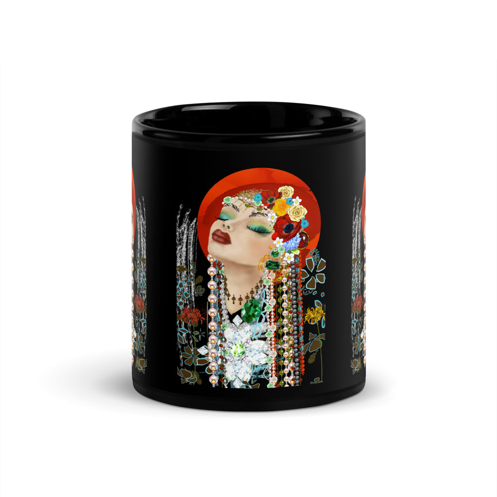 Art Deco Jeweled Woman Mug - Klimt Inspired Black Ceramic Mug-11-oz-front