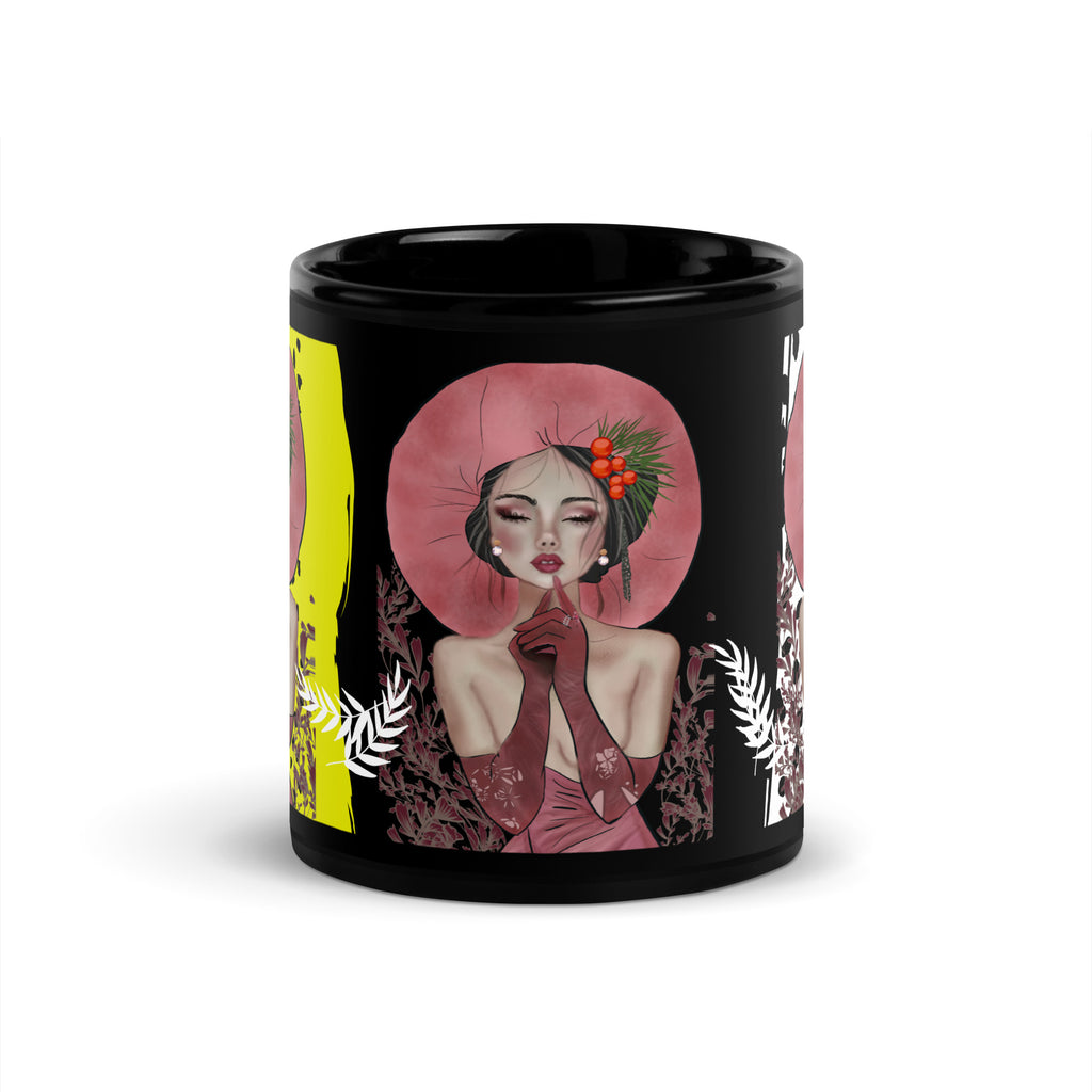 Premium Black Glossy Ceramic -Retro Pop Art Woman Mug - Pink Hat Black Ceramic Coffee Mug-11-oz-front