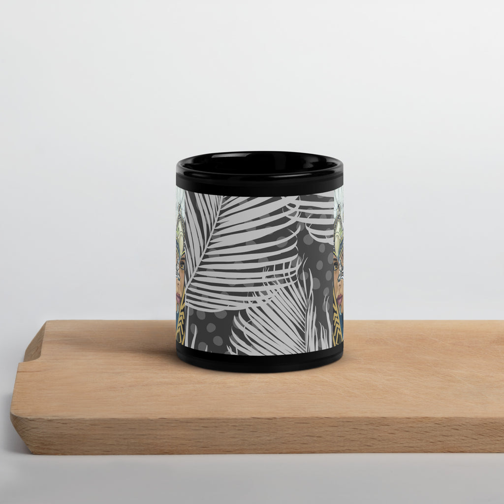 Premium Black Glossy Ceramic -American Indian Eagle Mask Woman Mug - Mystical Tribal Art Black Ceramic-11-oz-front
