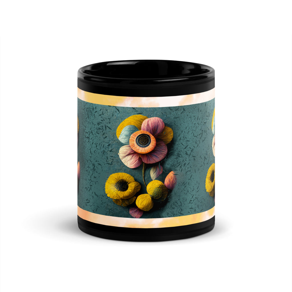 Premium White Ceramic -   3D Textured Floral Mug - Black Interior Ceramic Art Mug -11-oz-front