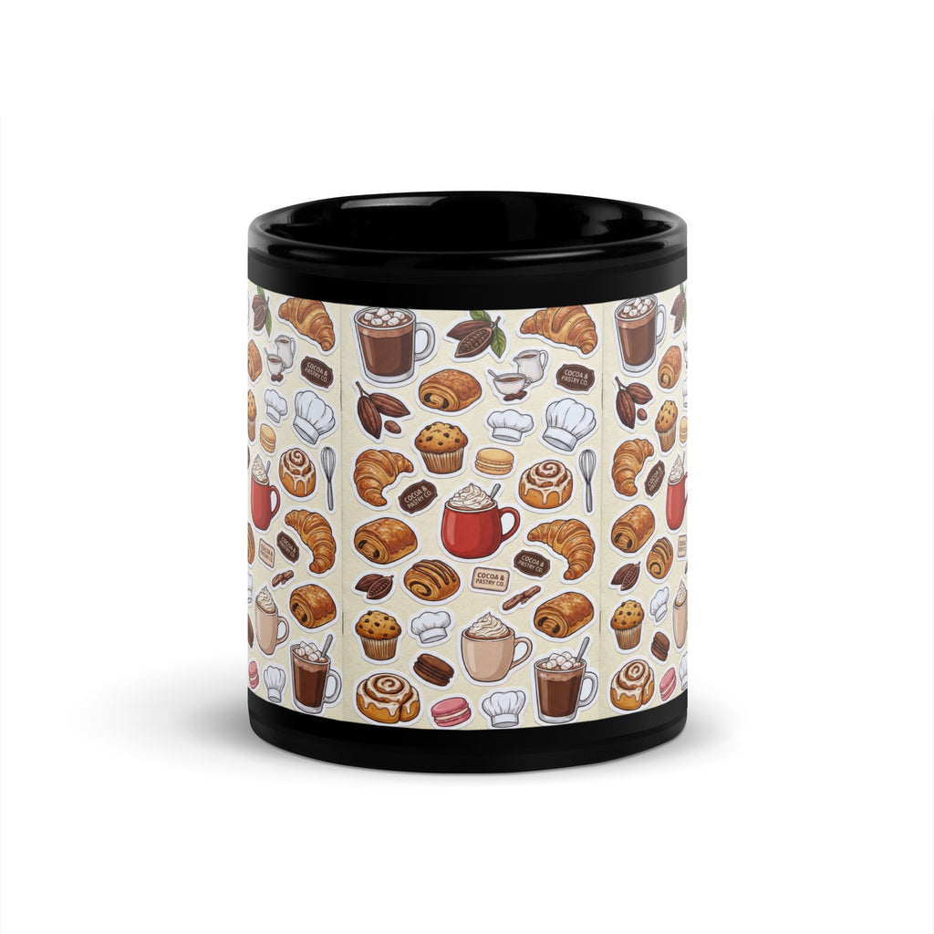 Black glossy ceramic mug with pastry and coffee motif, bakery snack pattern, 11 oz