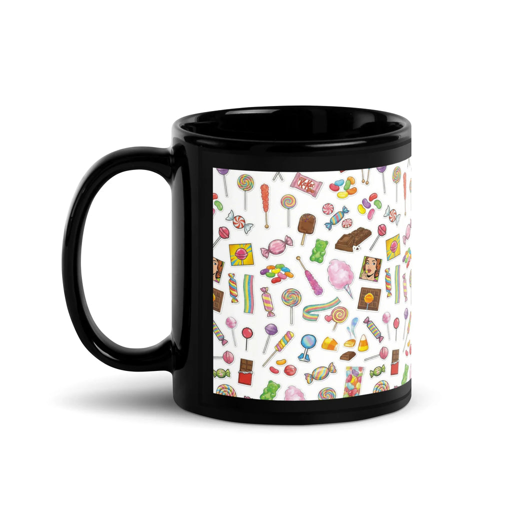 Black ceramic mug with colorful candy pattern, glossy finish, handle on left